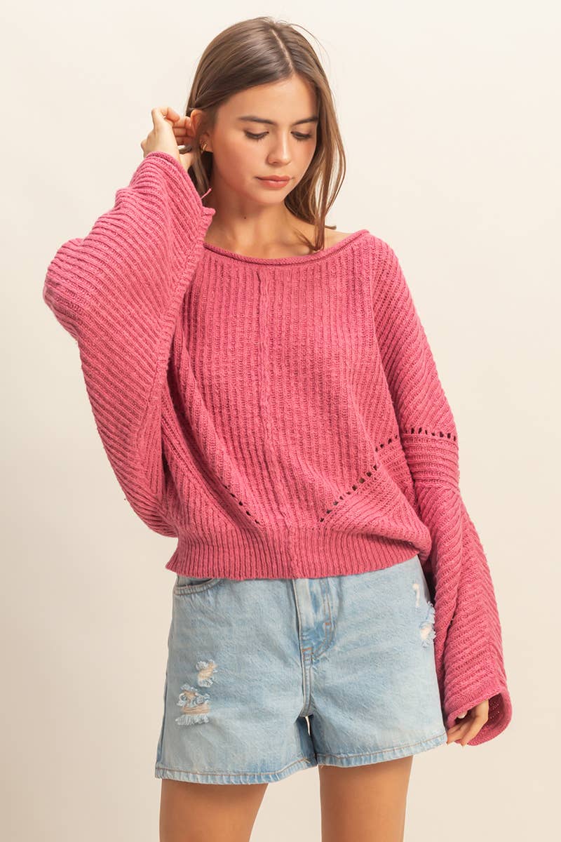 Ribbed Drop Sleeve Sweater:Rose
