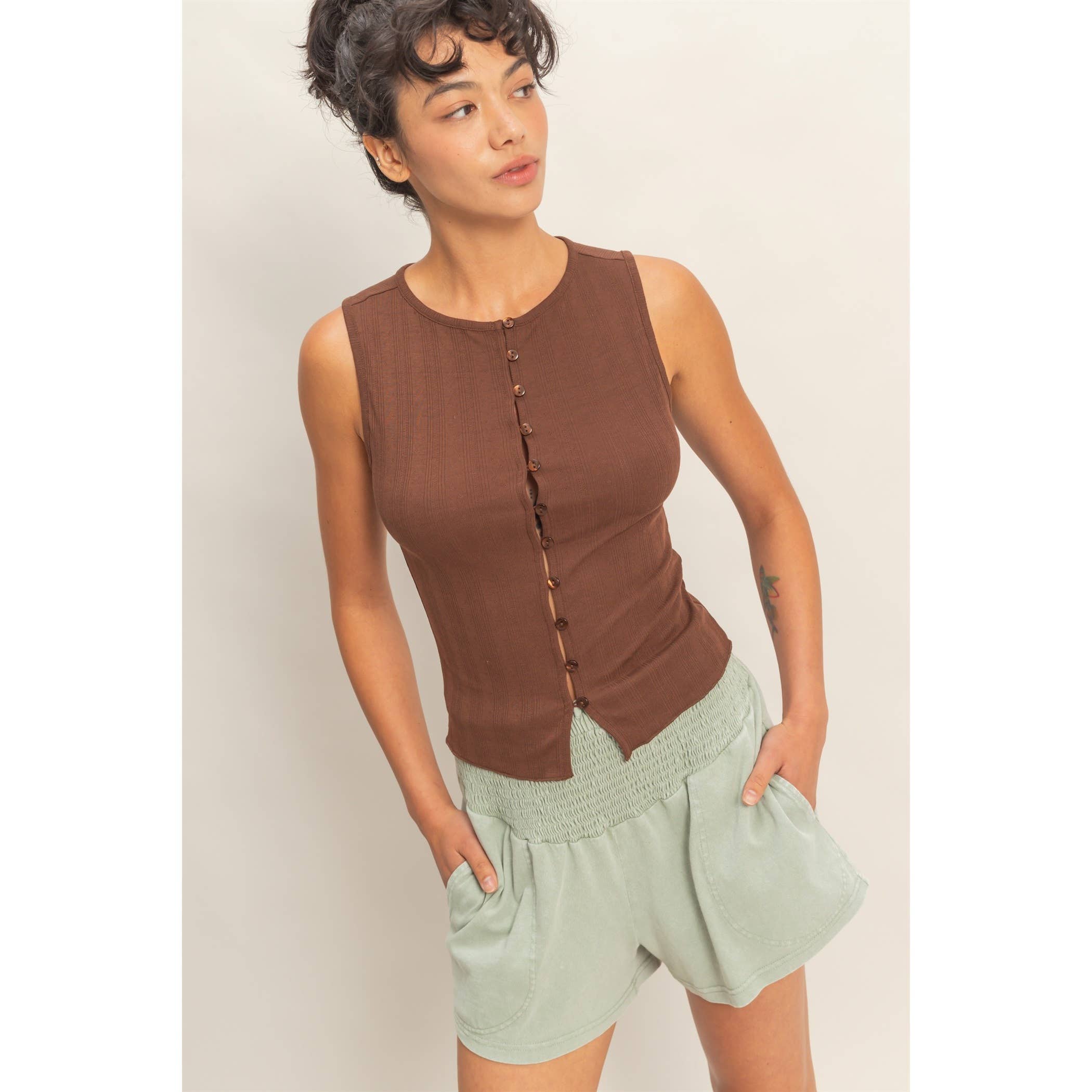 Pointelle Button Front Top: Chocolate