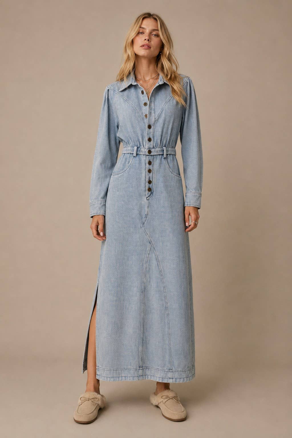 Vintage Denim Midi Shirt Dress: Dusty