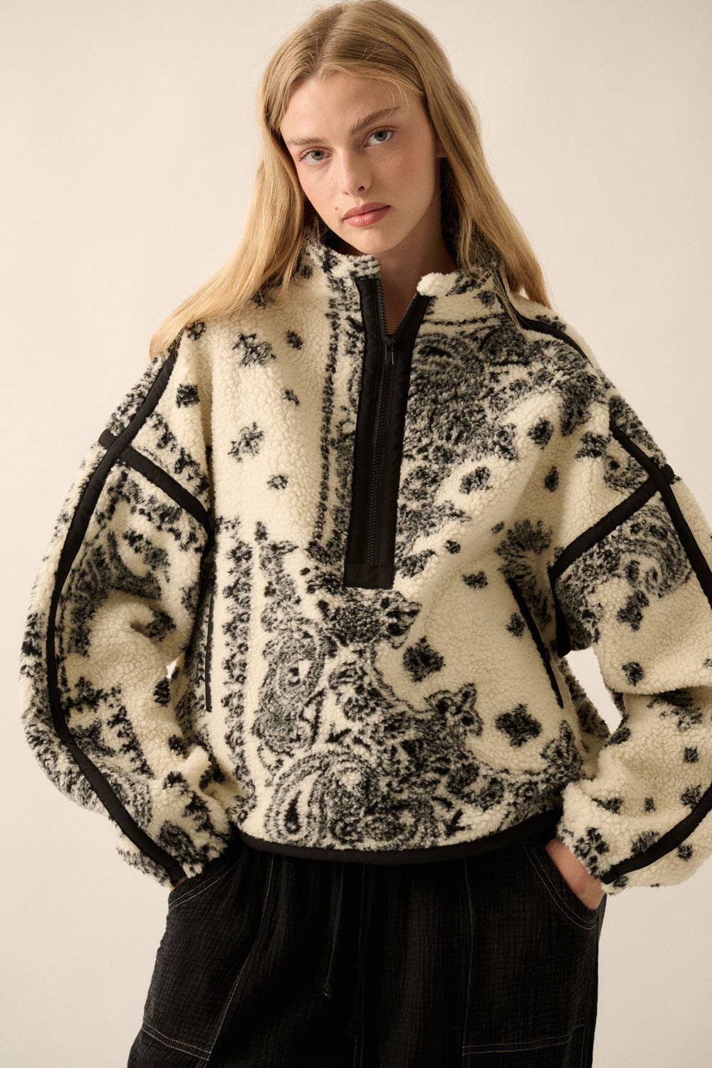 Paisley Fleece Pullover: Cream