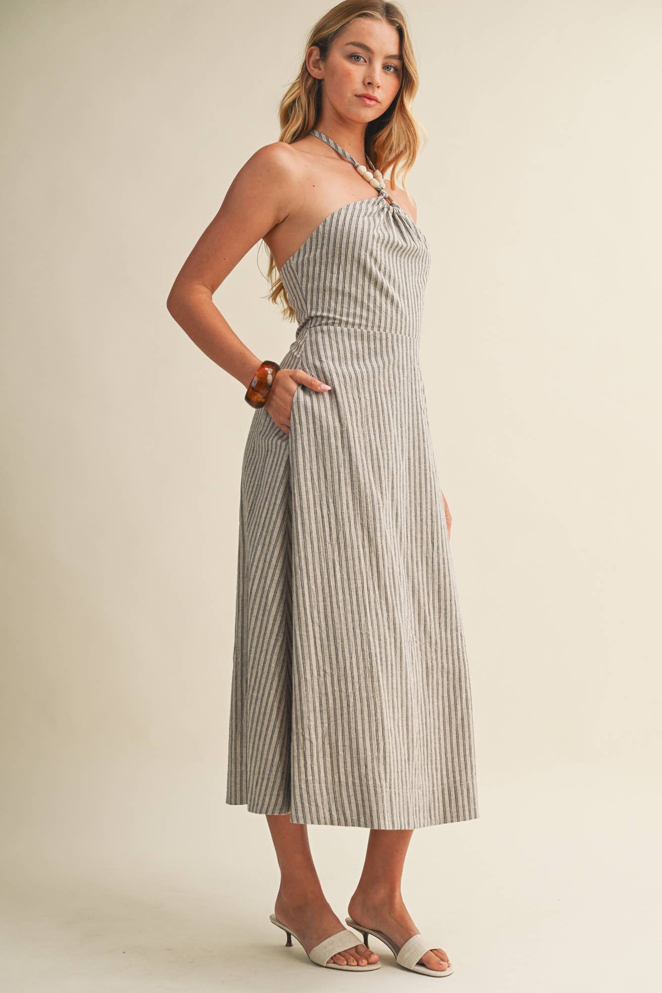 Ring Detail Striped Halter Dress