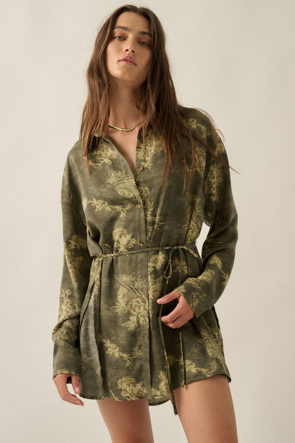 Floral Satin Belted Romper: Olive
