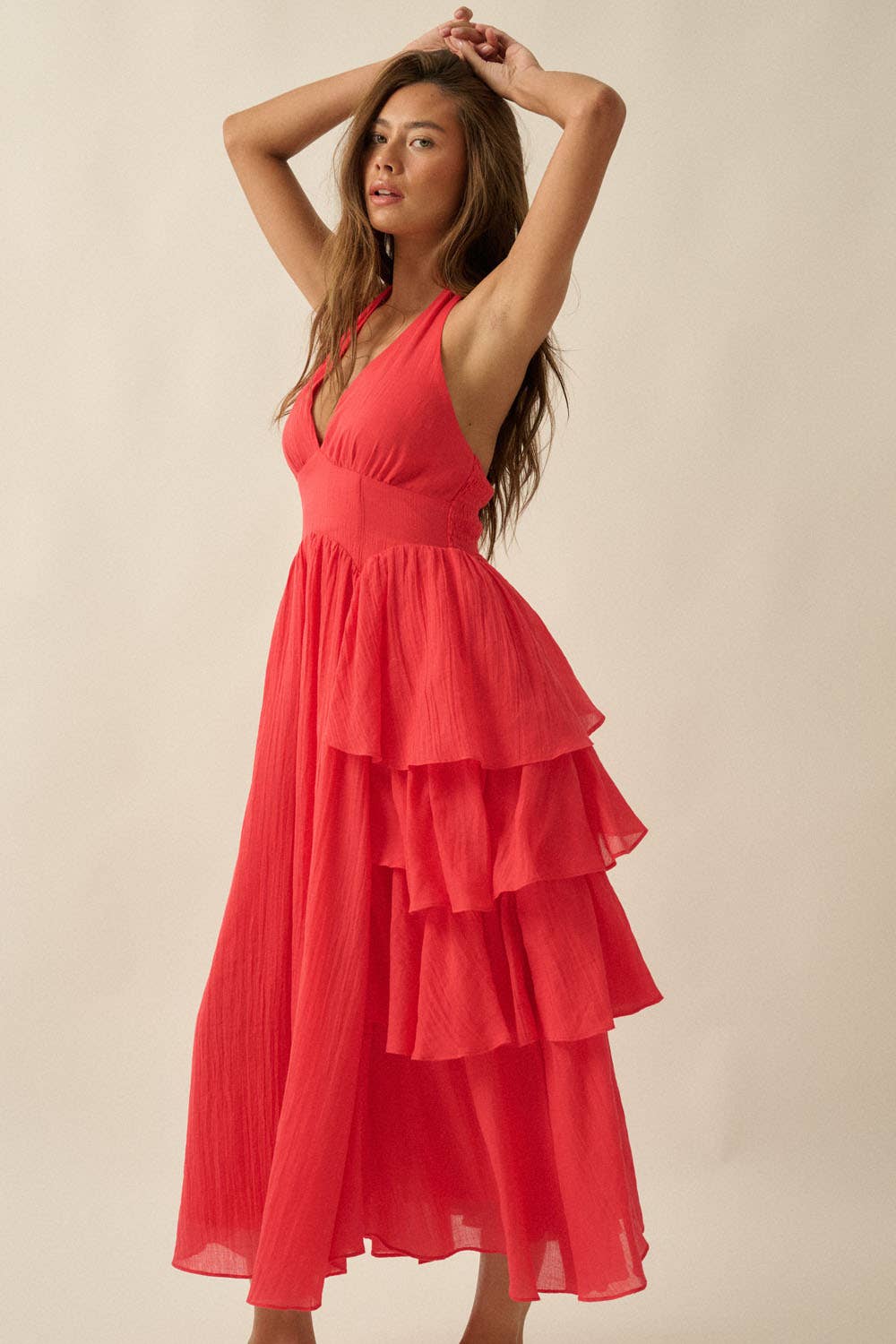 Ruffle Halter Maxi Dress: Cherry Tomato