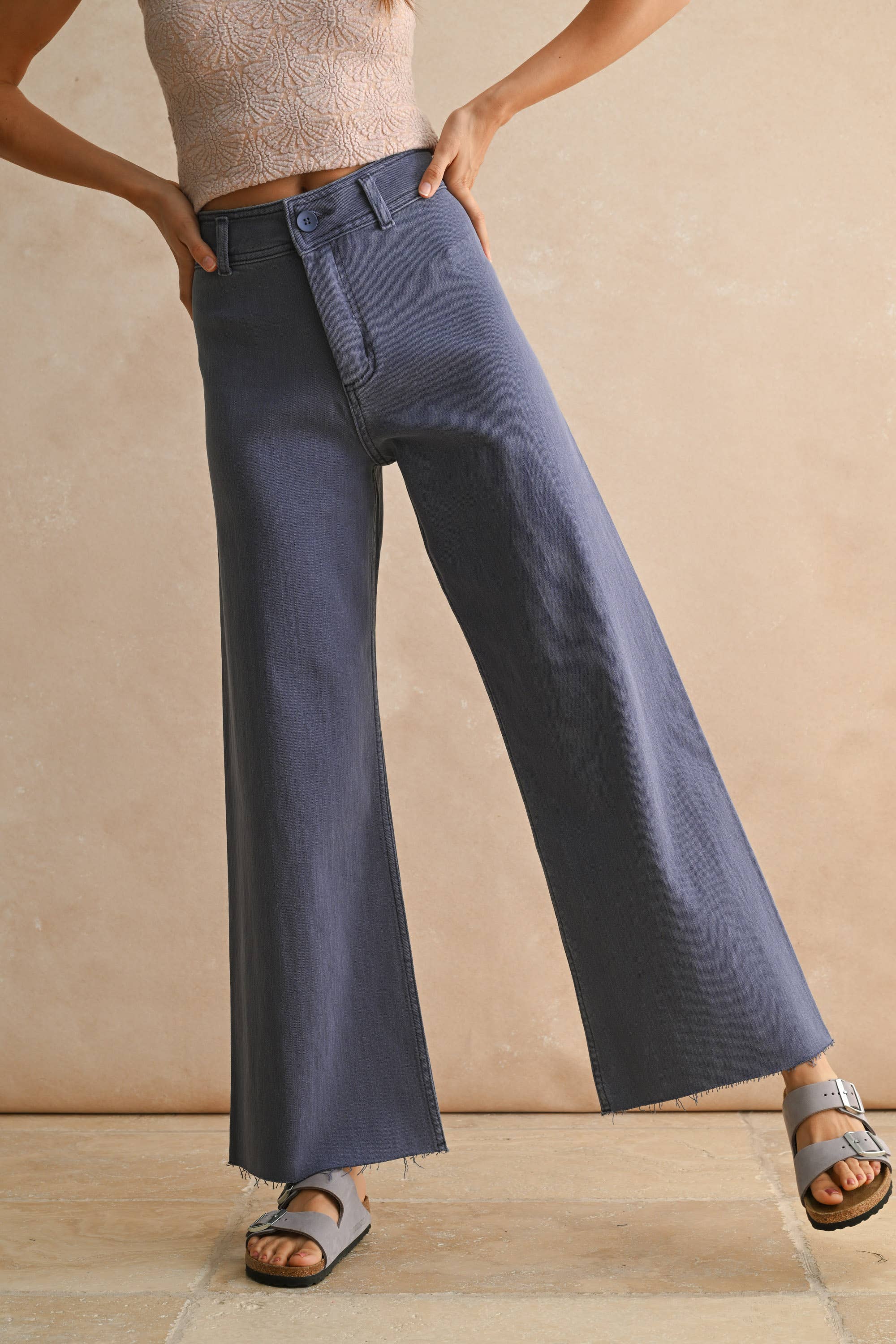 Wide Leg Denim Pants: Dusty Blue