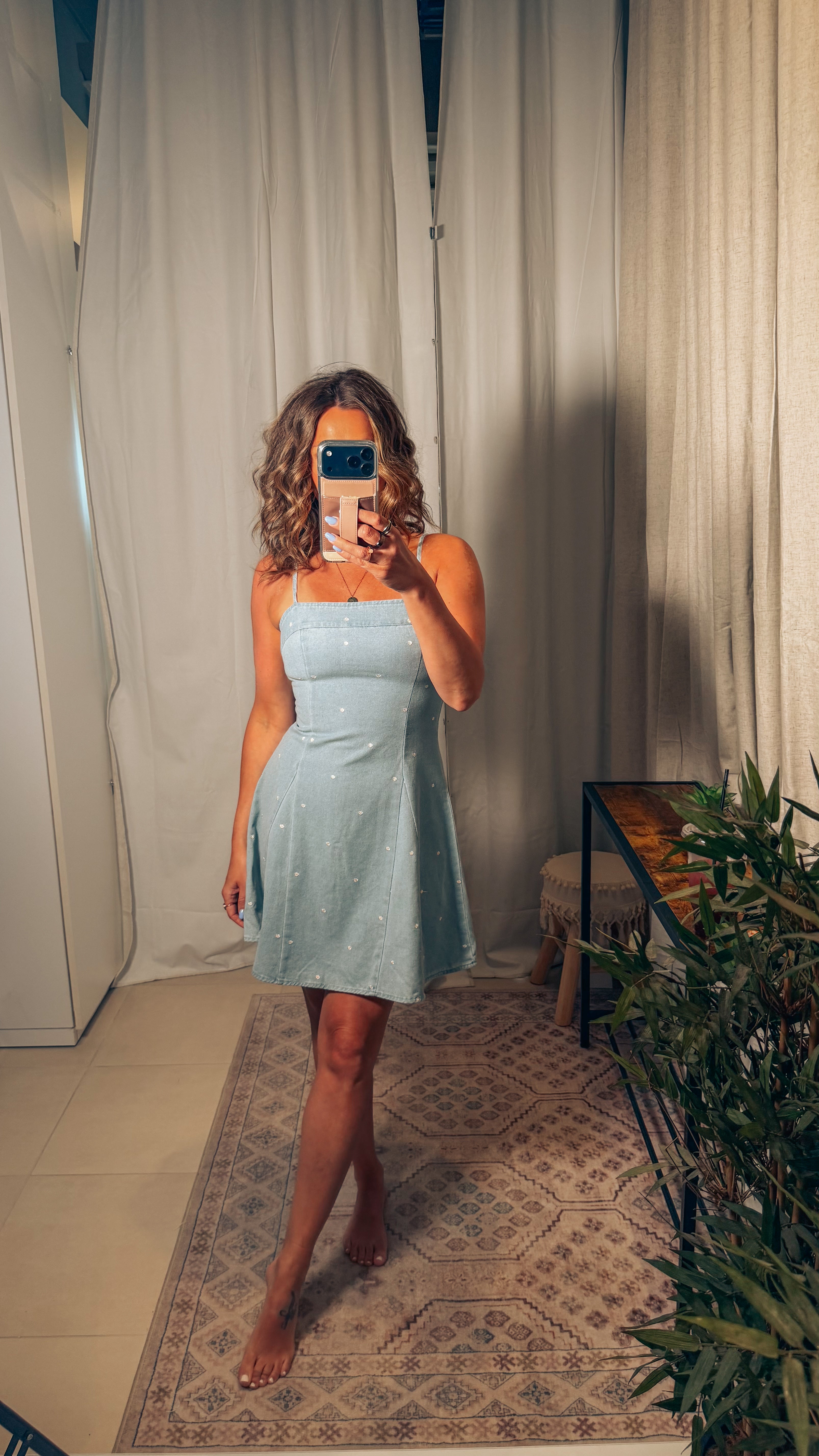 Polka Dot Cami Mini Dress: Denim