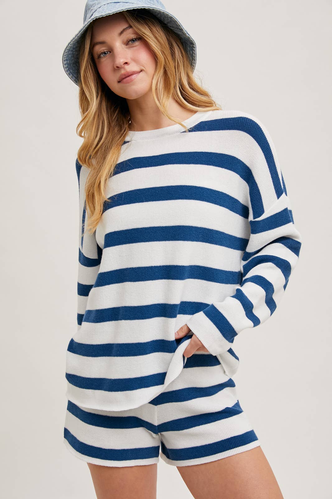 Striped Knit Pullover Set: Blue