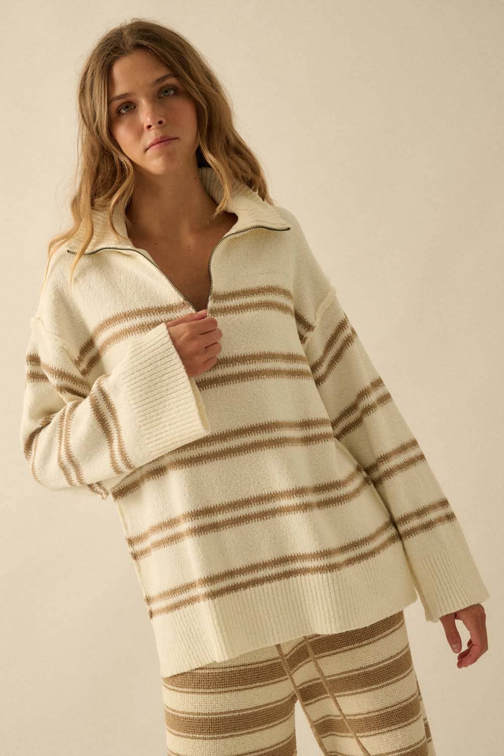 Cream Quarter-Zip Sweater:
