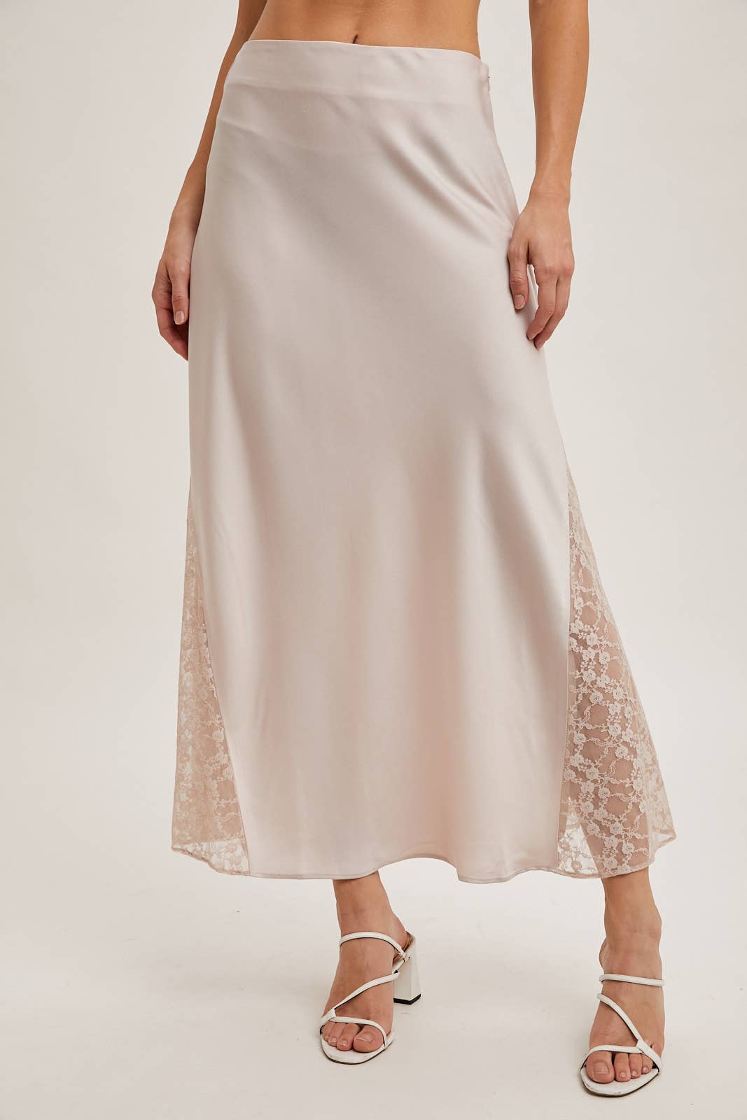 Lace Satin Midi Skirt: Pearl