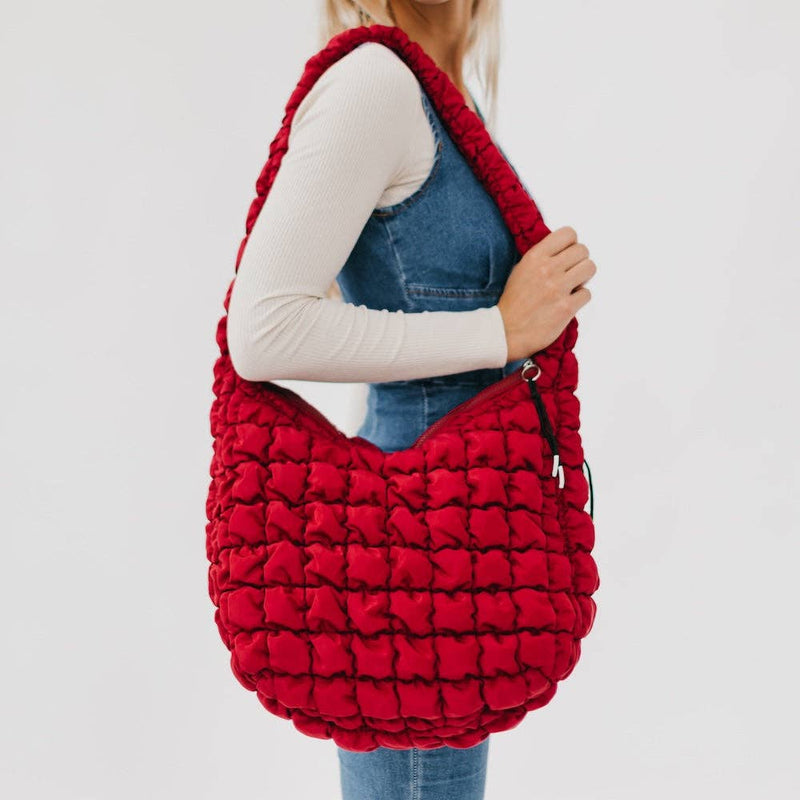 Carmen Quilted Hobo Tote Bag: Crimson Red