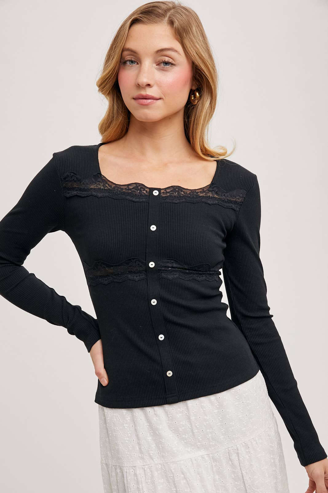 Ribbed Lace Knit Top: Sand