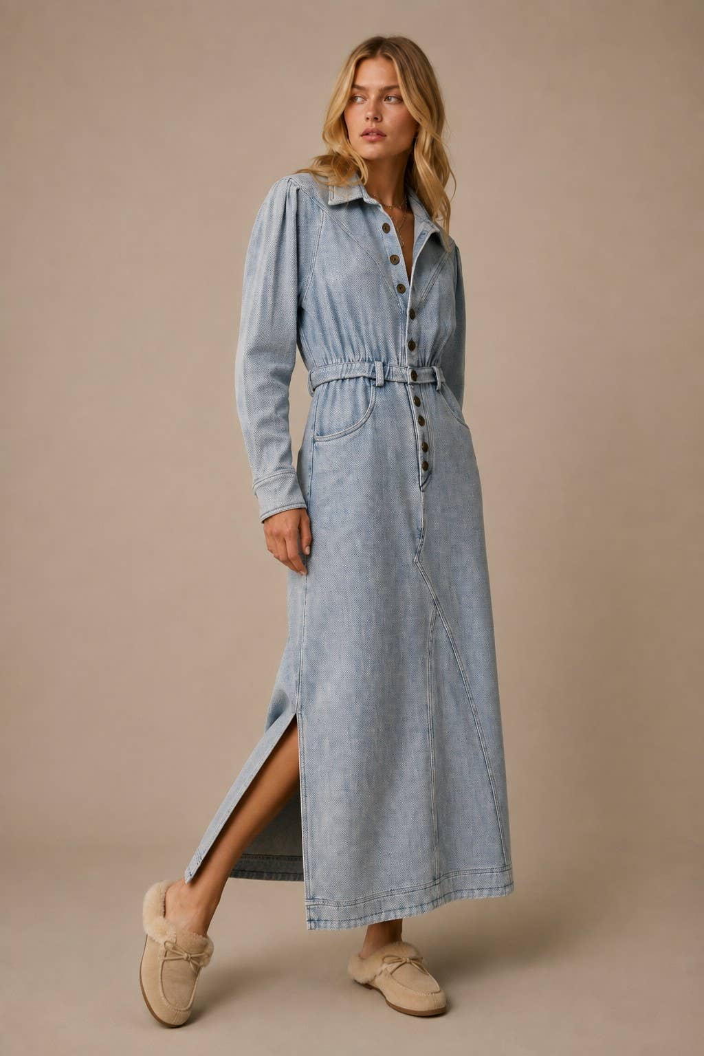 Vintage Denim Midi Shirt Dress: Dusty