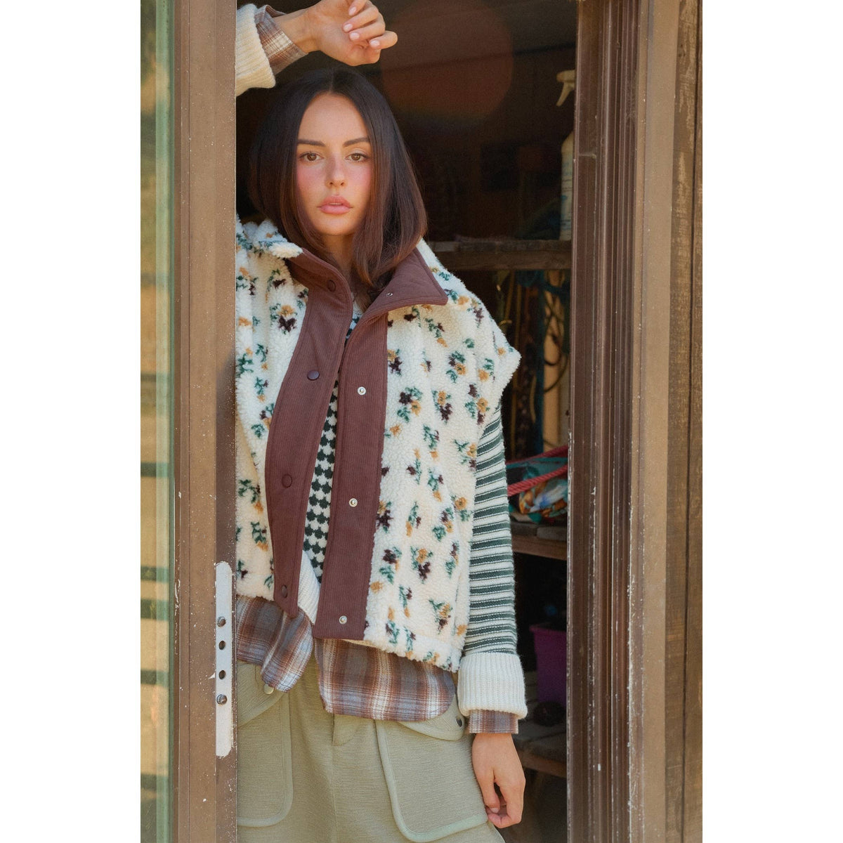 Floral Sherpa Corduroy Vest: Brown