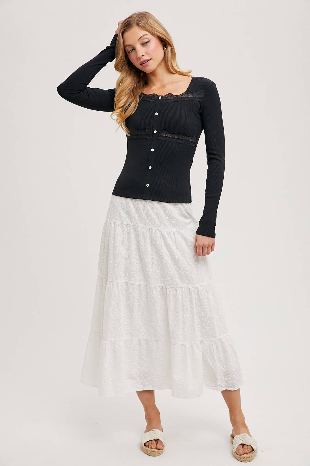 Ribbed Lace Knit Top: Sand