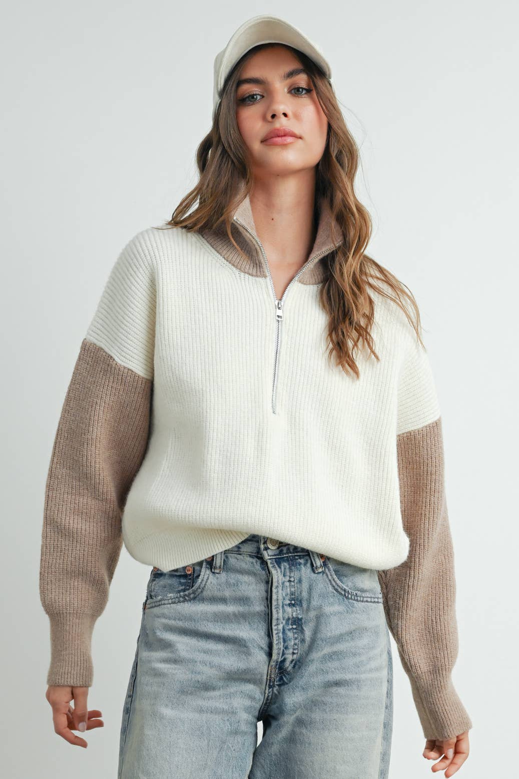 Color Block Pullover-Ivory/Taupe