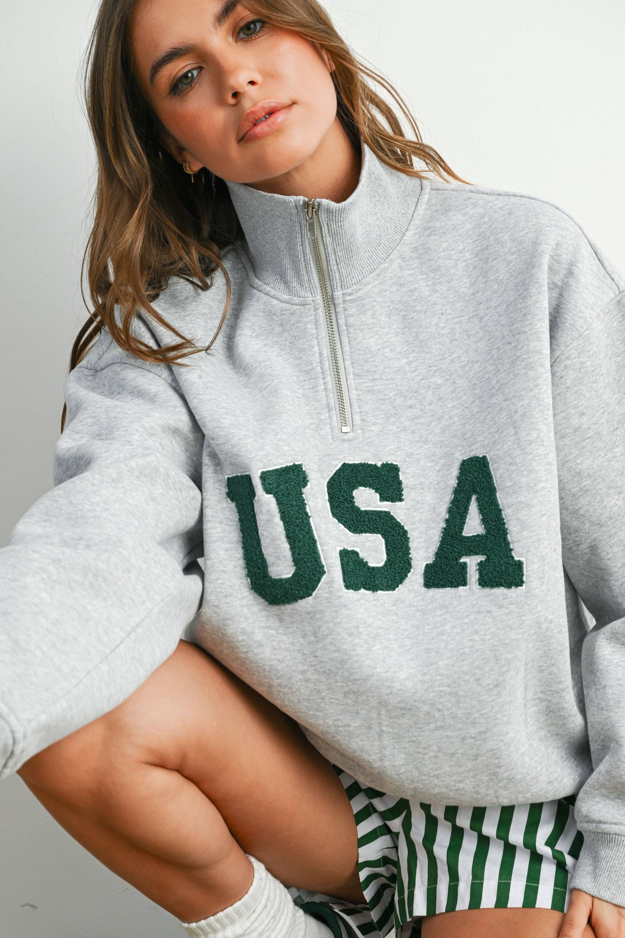 USA Quarter Zip Top: Grey