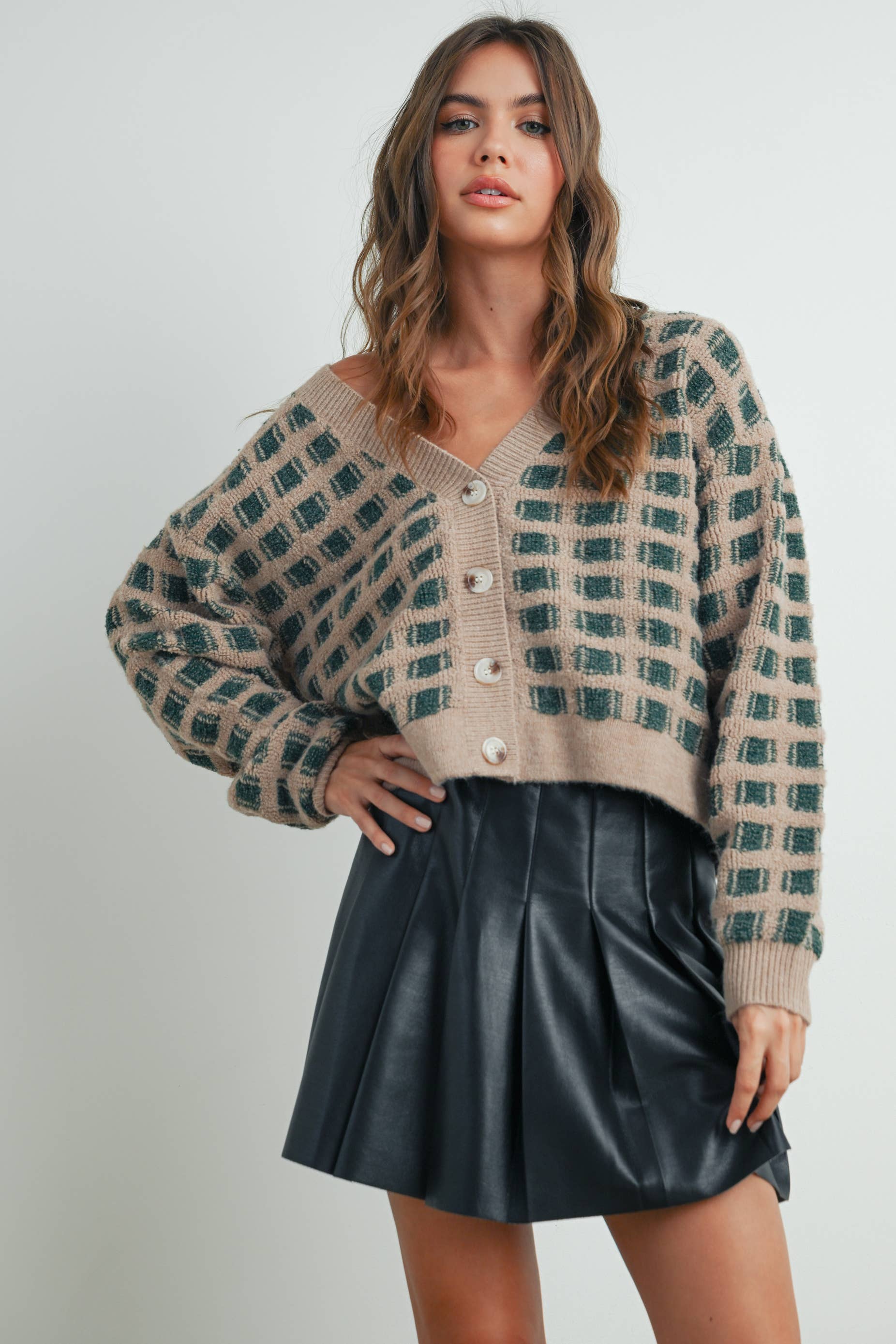 Cropped V-Neck Cardigan: Olive