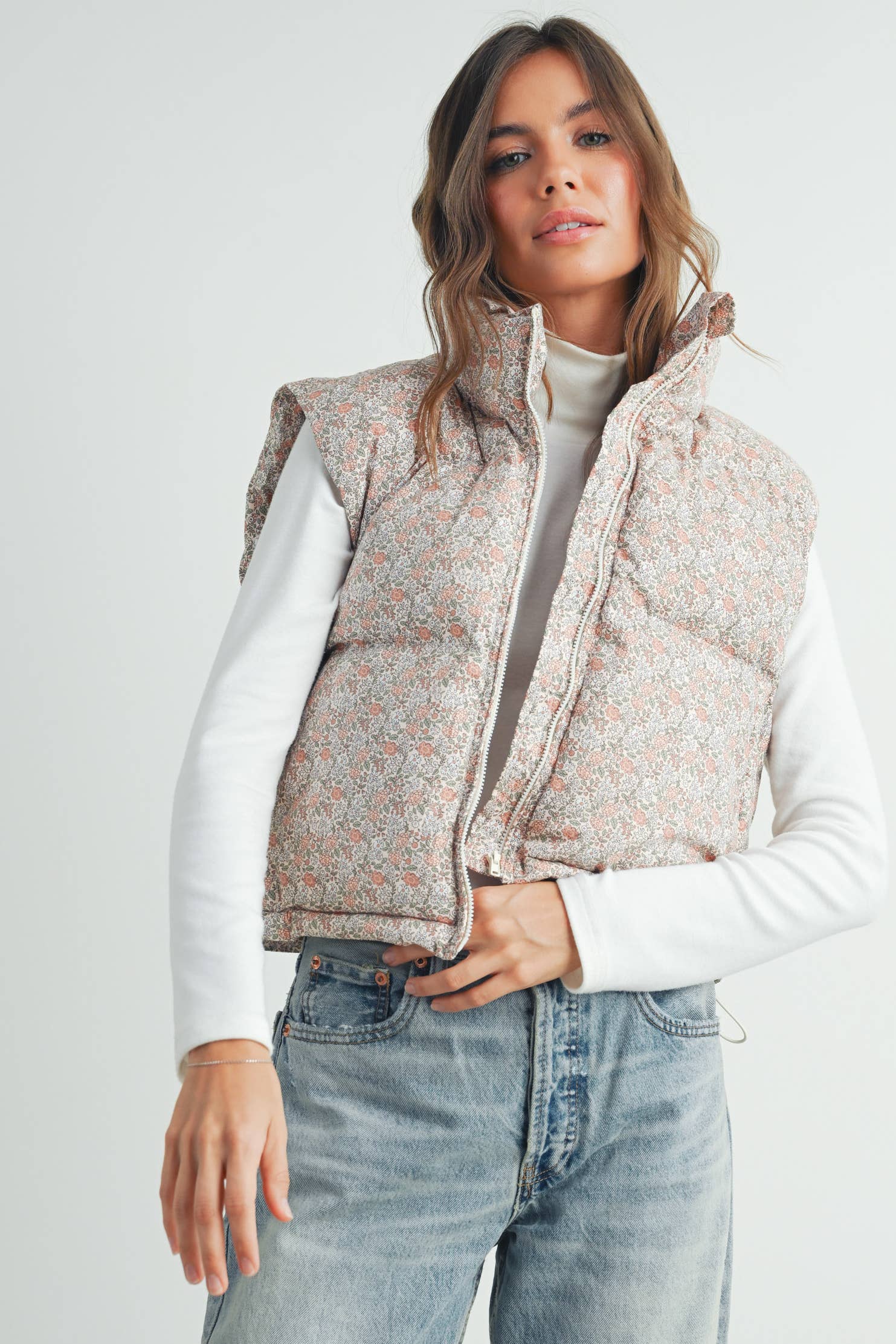 Floral Puffer Vest:Blush