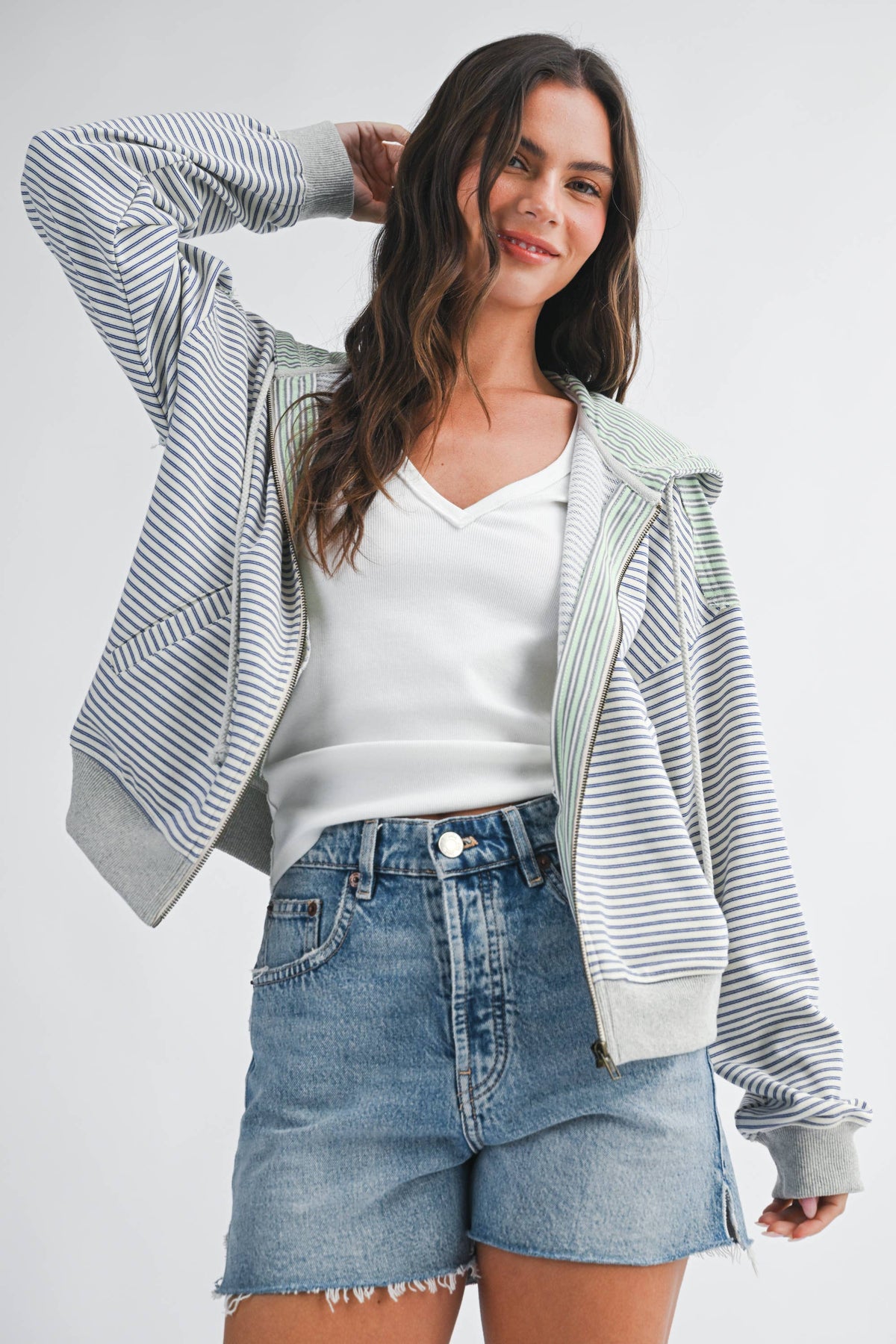 Striped Zip Hoodie: Blue