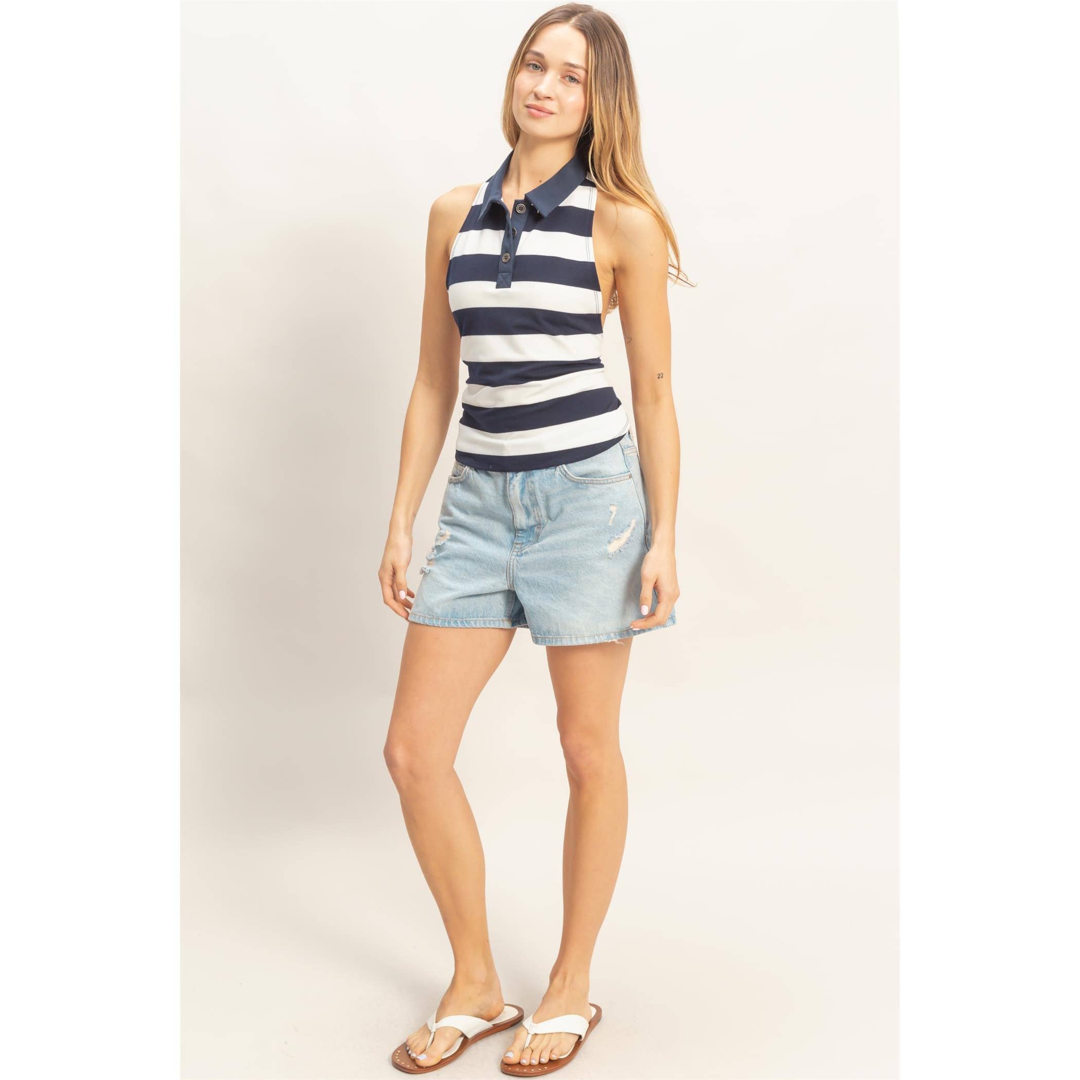Striped Polo Tank Top: Navy