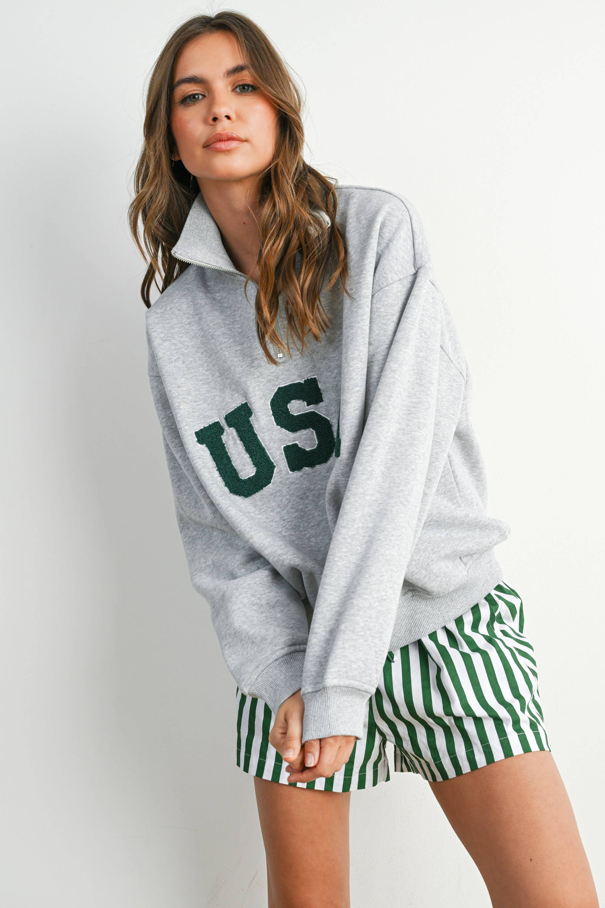 USA Quarter Zip Top: Grey