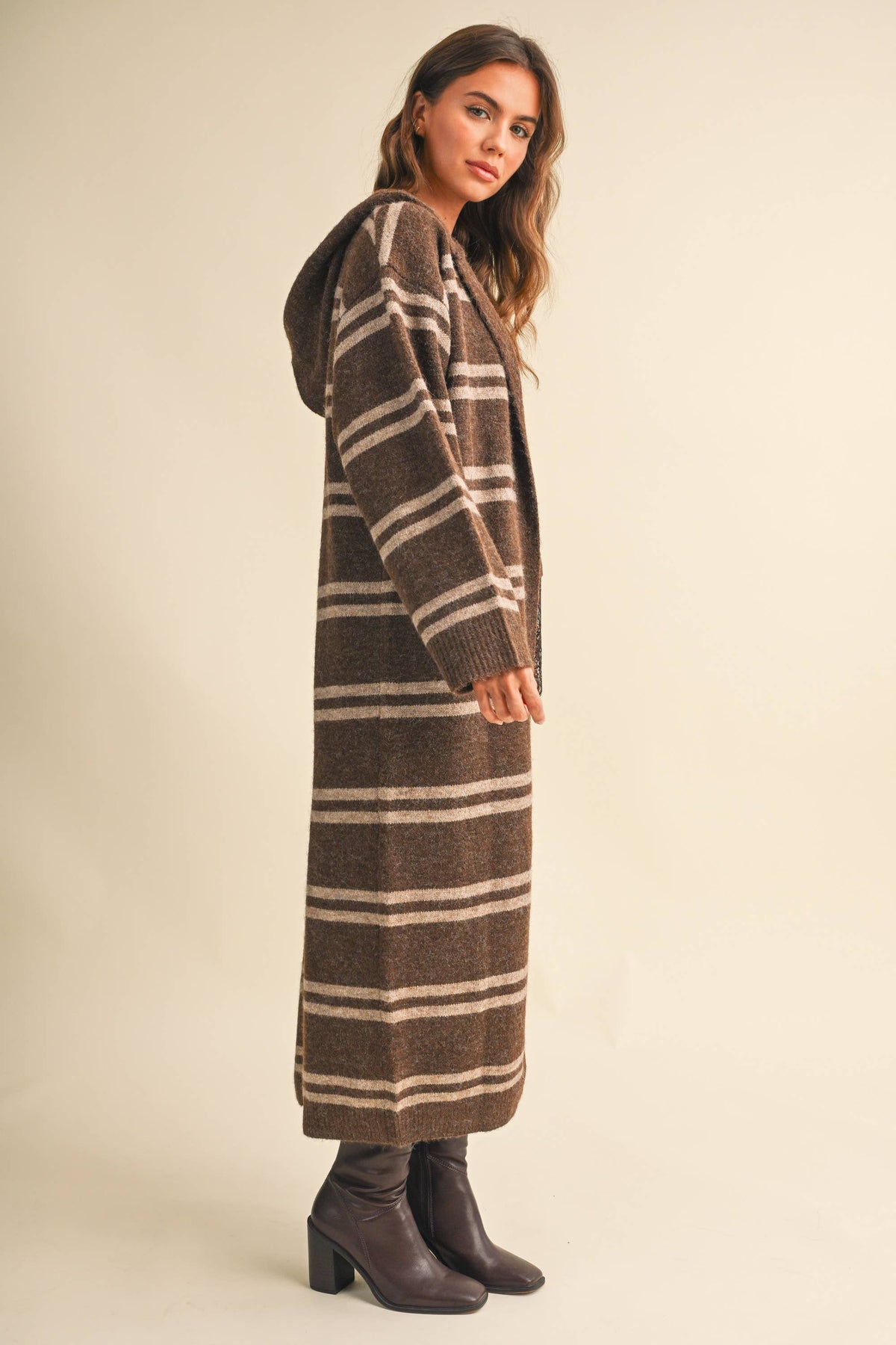Striped Long Sweater Cardigan: Brown