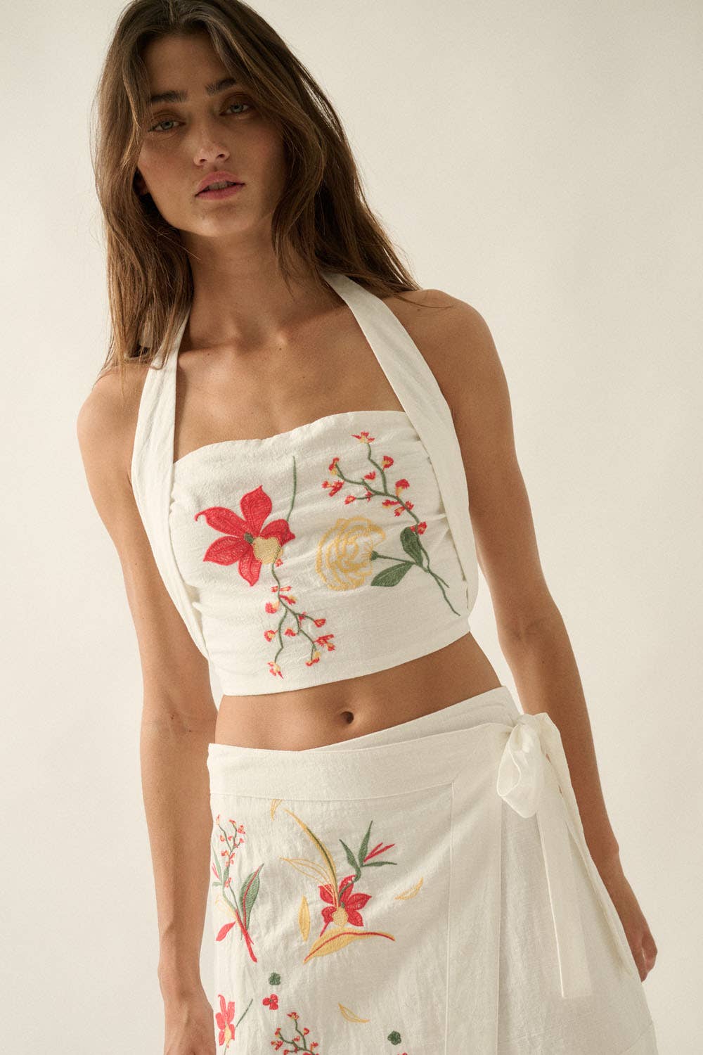 Embroidered Halter Top: Off White