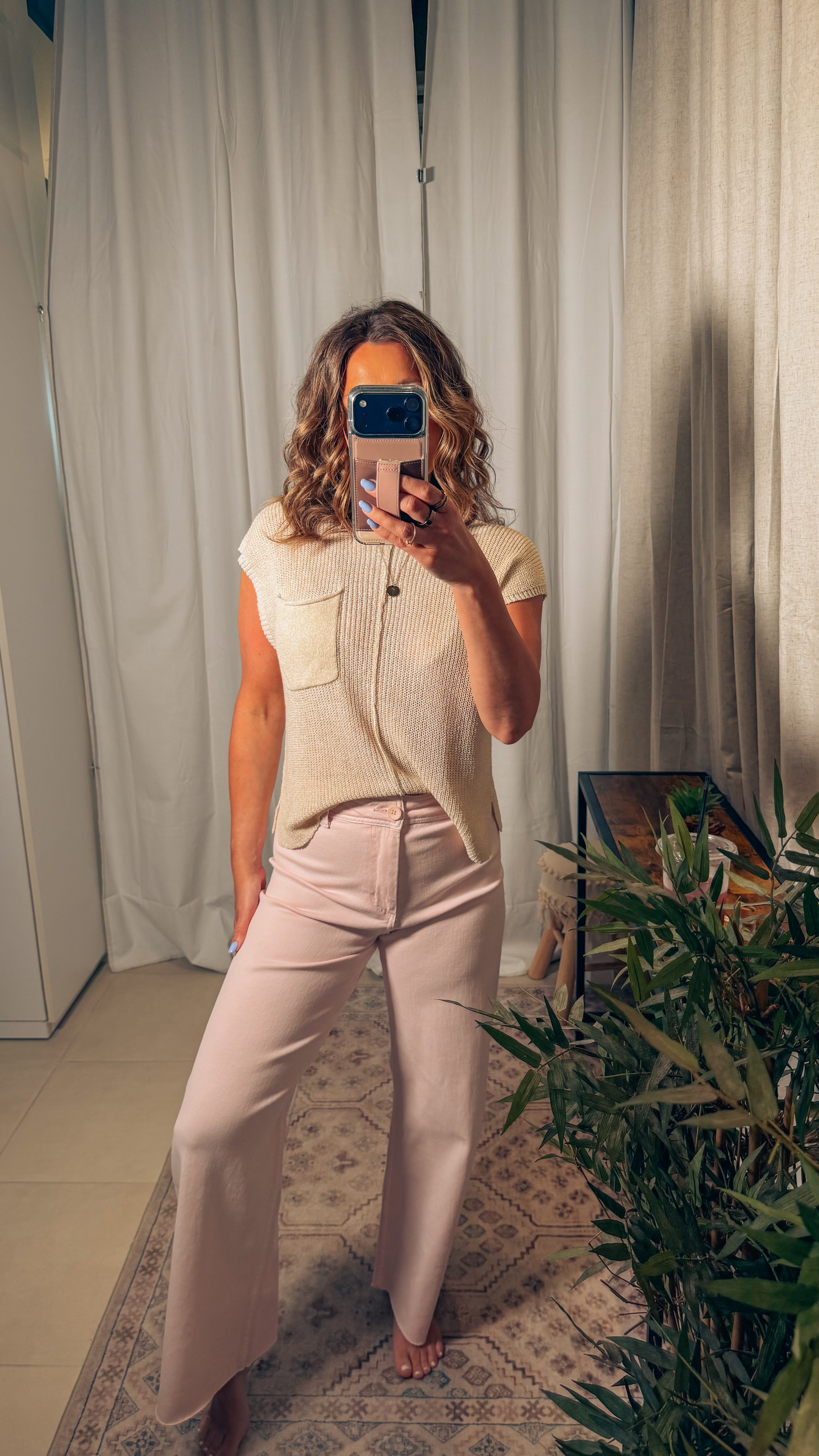 Wide Leg Denim Pants: Strawberry