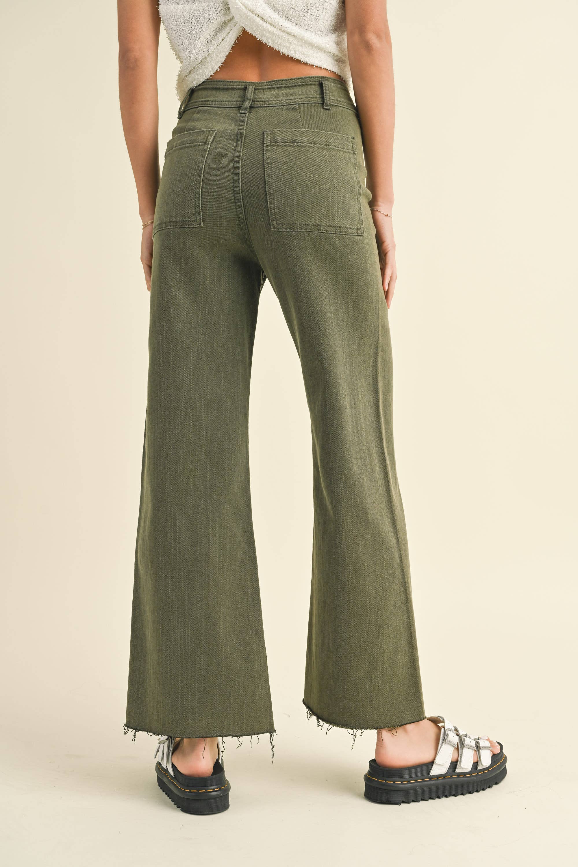 Wide Leg Denim Pants:Olive