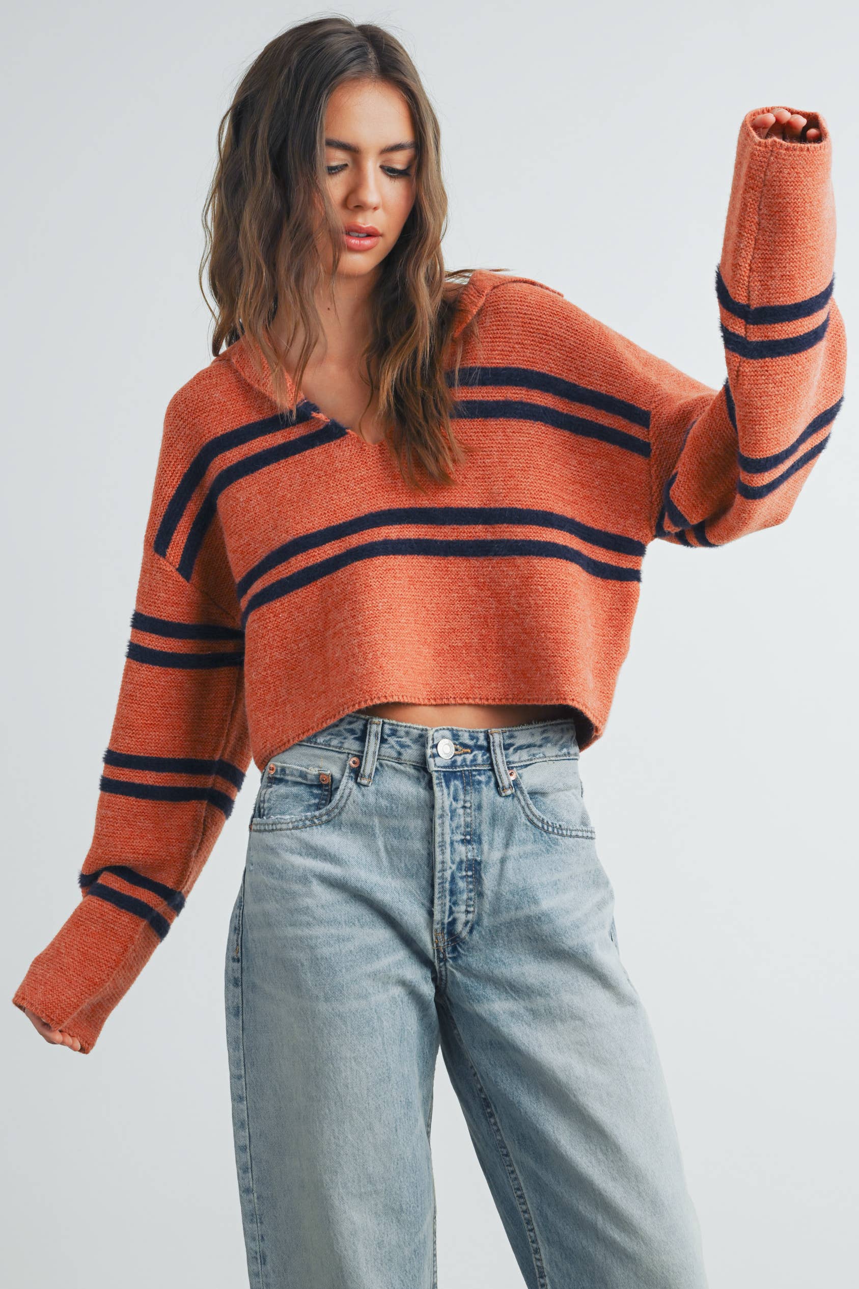 Stripe Crop Collar Sweater-Ivory/Black
