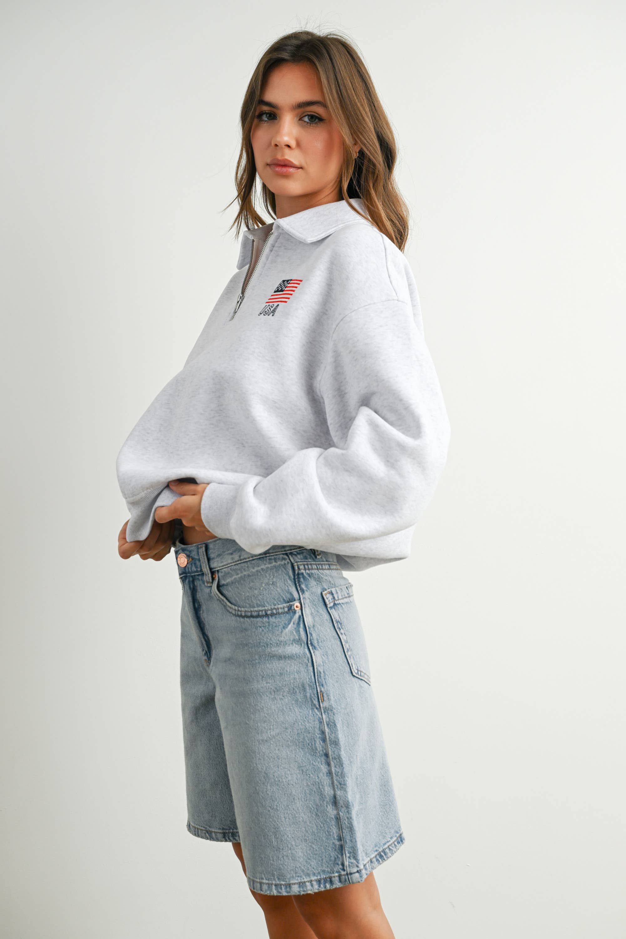 USA Collared Quarter-Zip Top: Grey