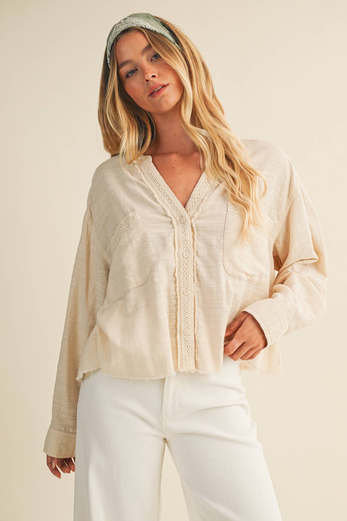 Lace Trim  Button-Down Shirt