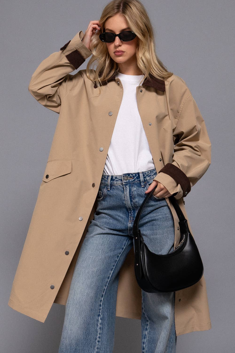 Contrast Collar Trench Coat: Khaki