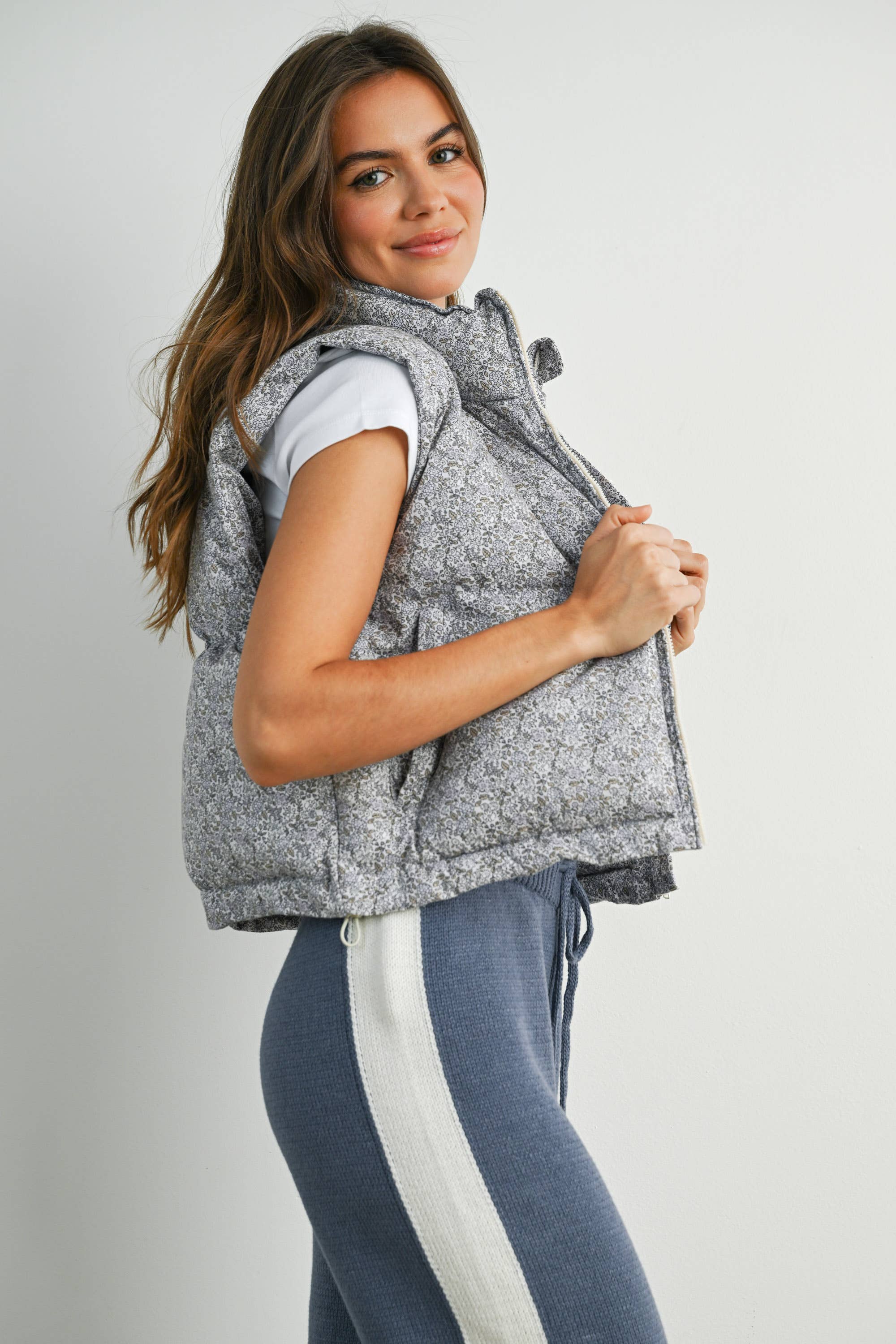 Floral Puffer Vest:Lavender
