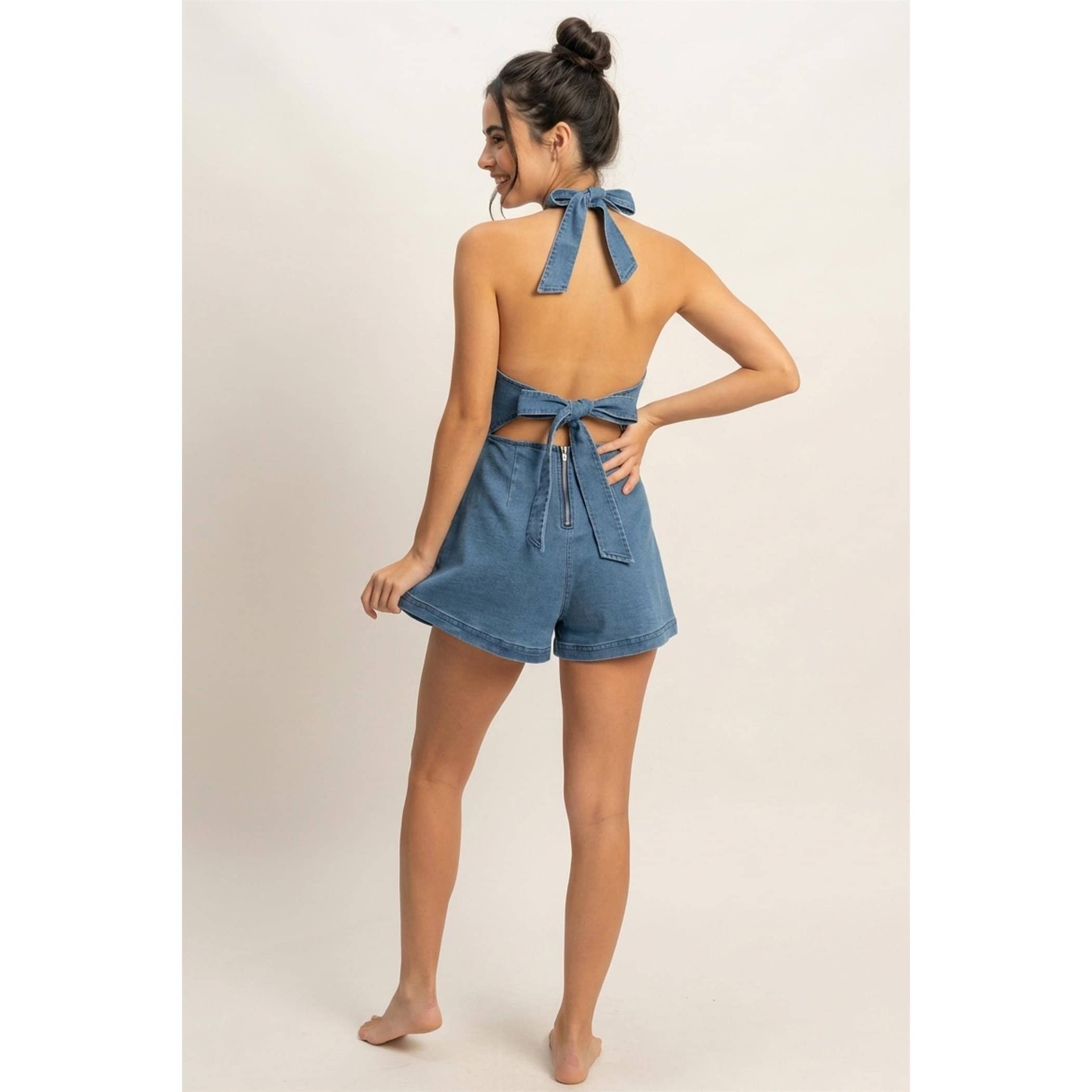 Denim Halter Romper: Med. Blue