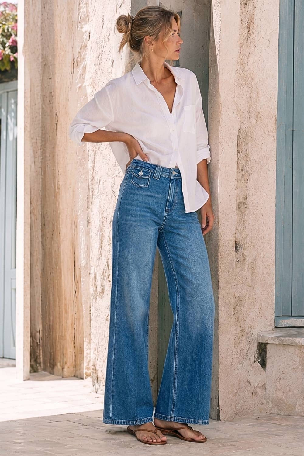 Denim Blue Wide Leg Jeans: