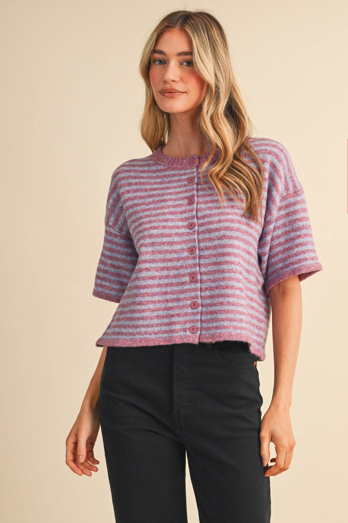 Striped Short Sleeve Sweater: Orchid