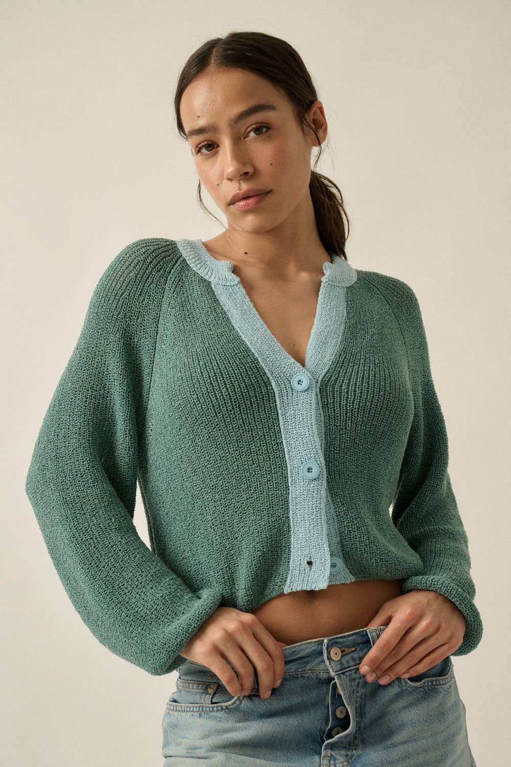 Contrast Cardi Sweater: Teal
