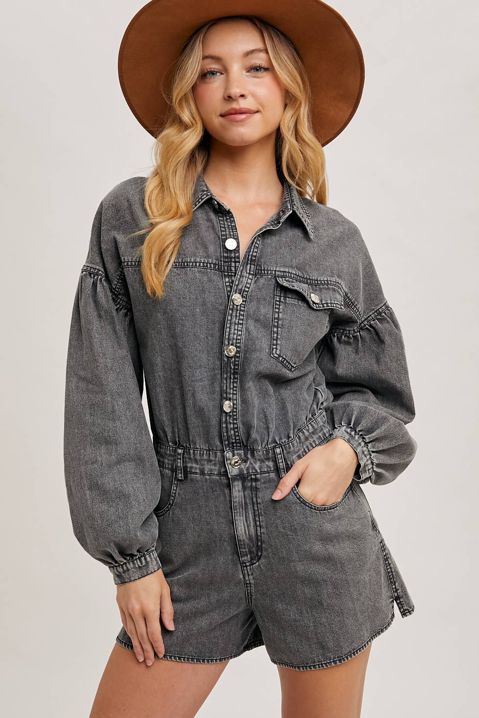 Washed Balloon Sleeve Romper