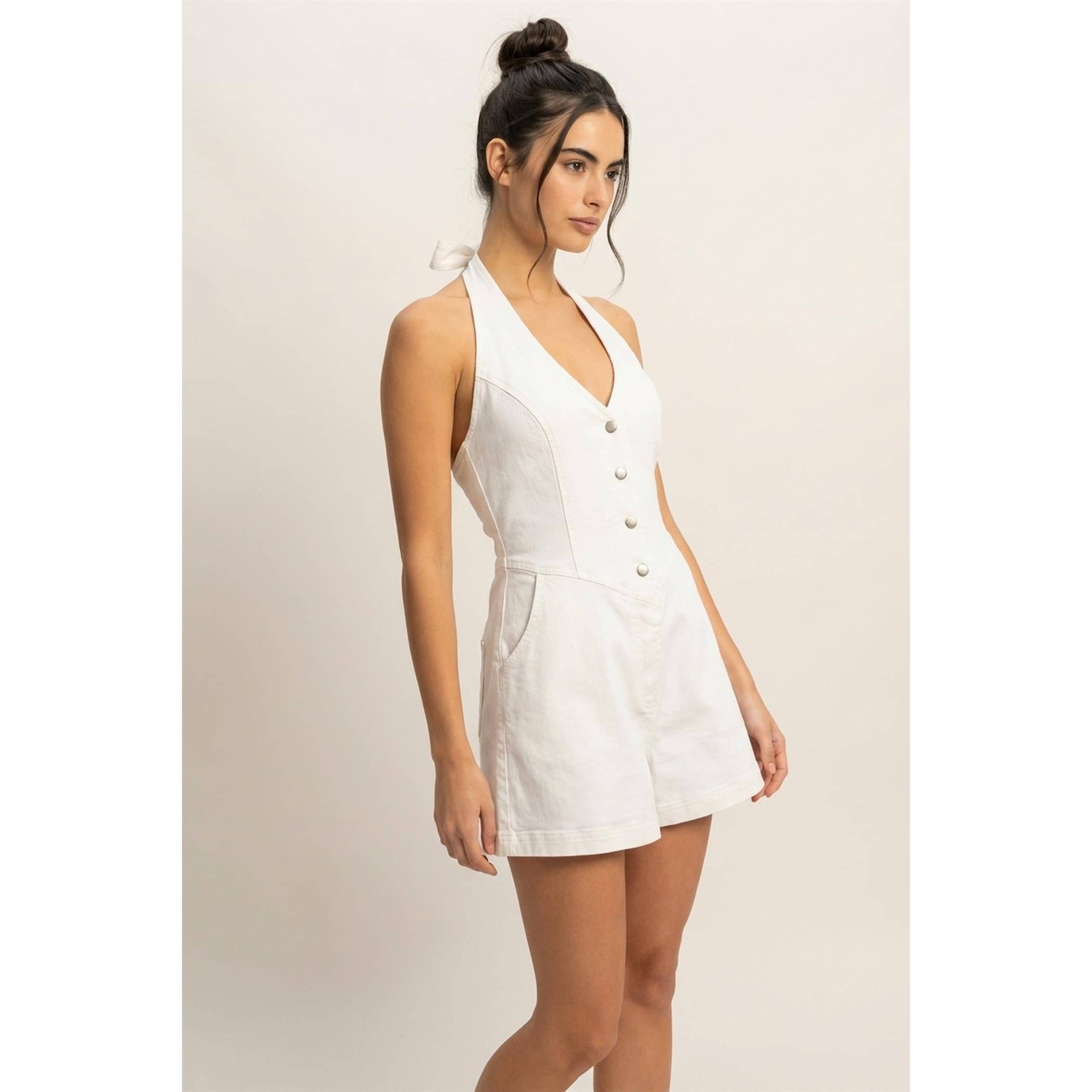 Denim Halter Romper: White