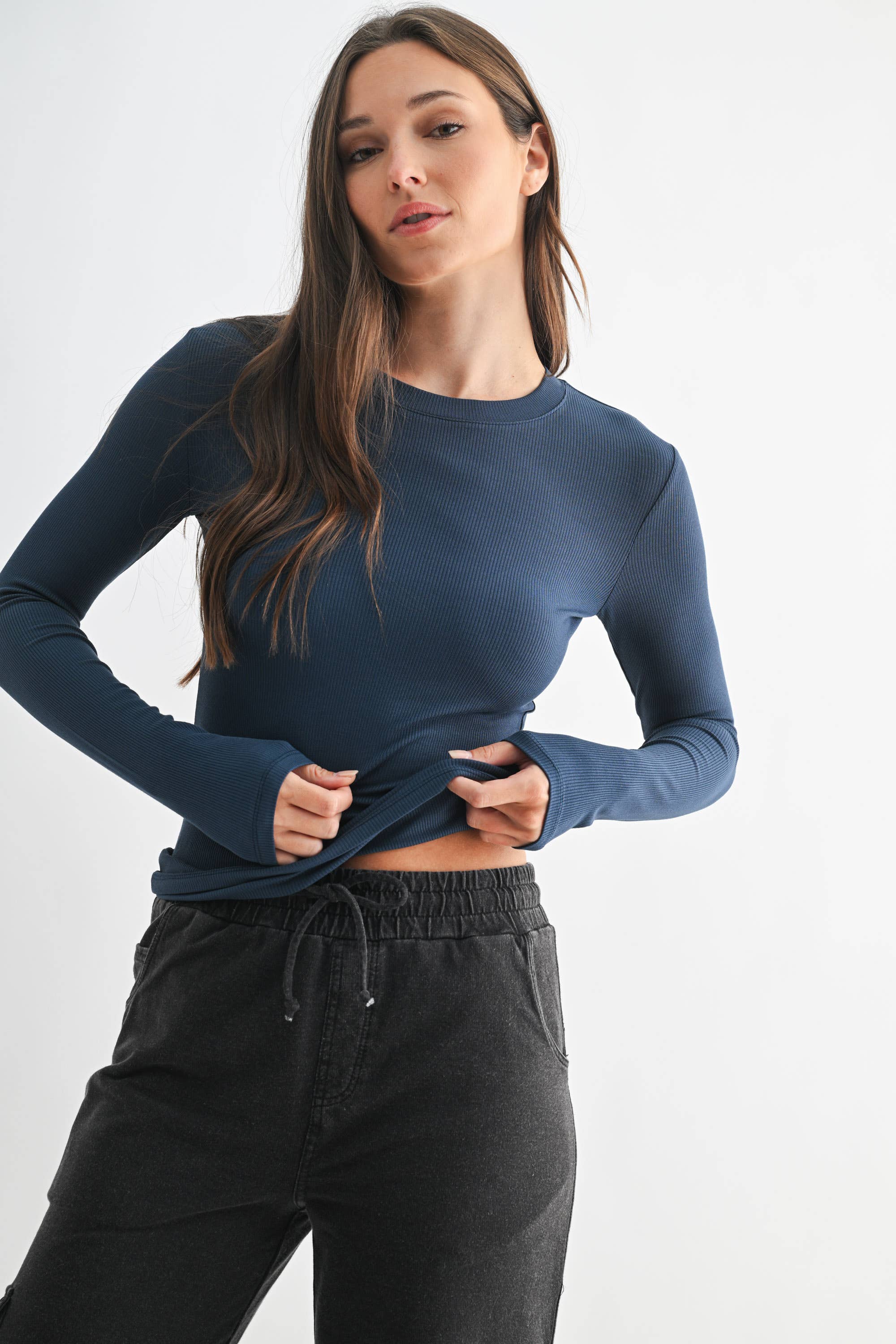 Essential Micro-Ribbed Athleisure Top: Navy