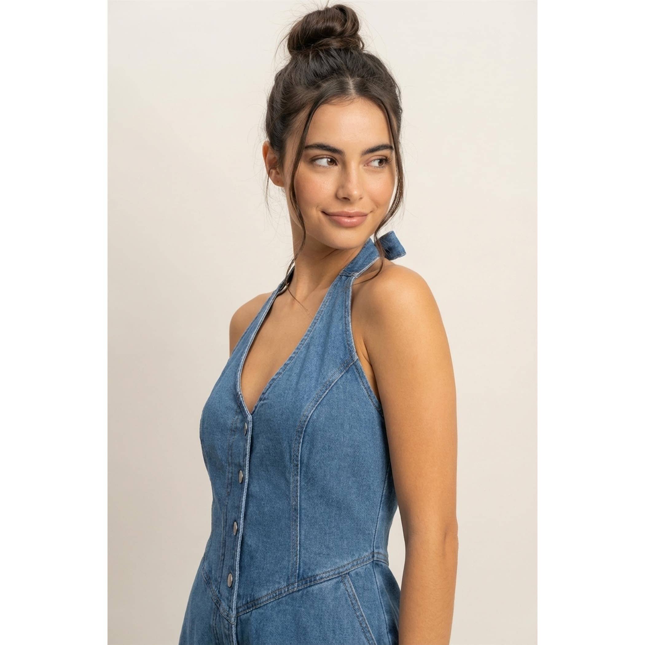 Denim Halter Romper: Med. Blue