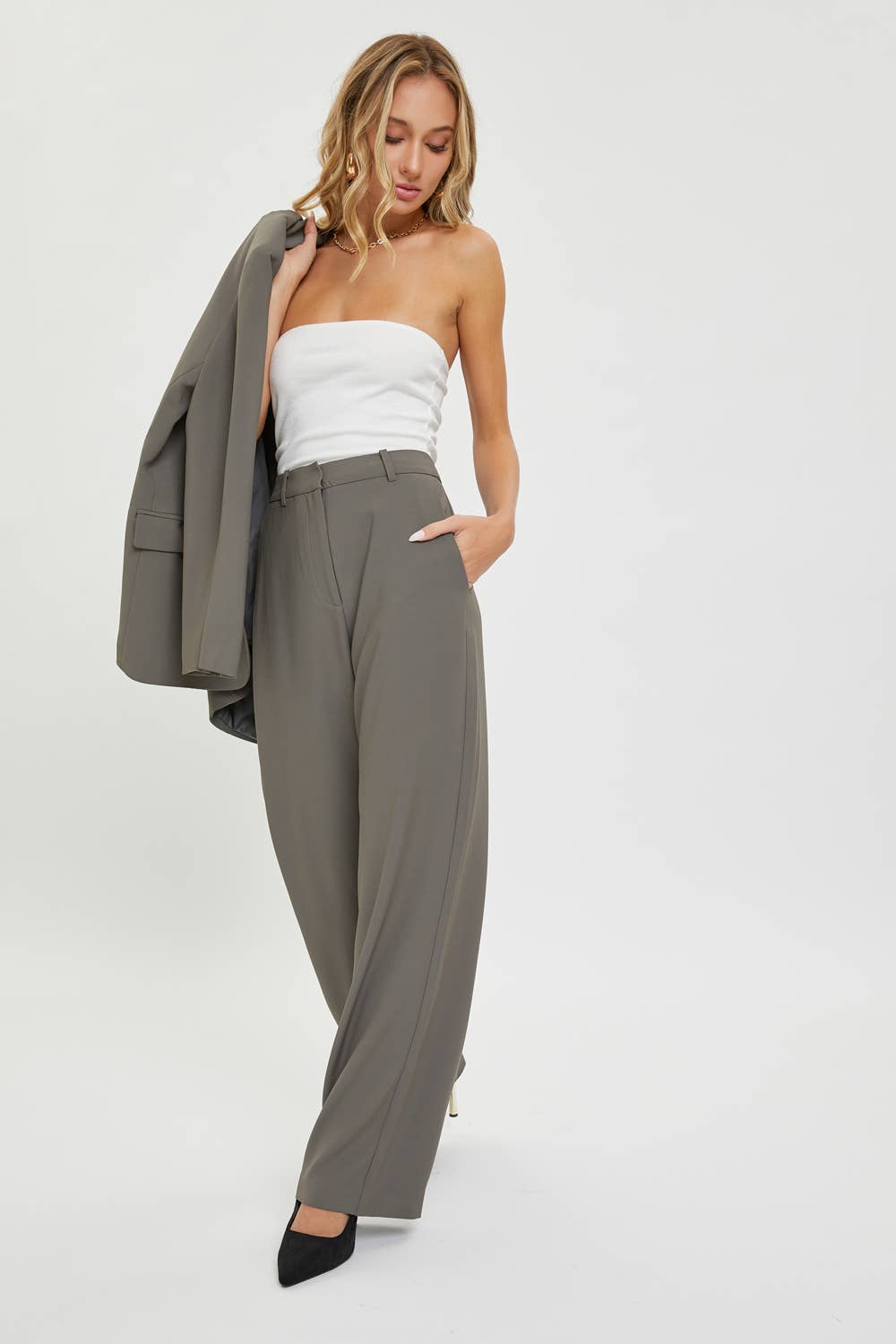 High Rise Trousers:Taupe/Grey