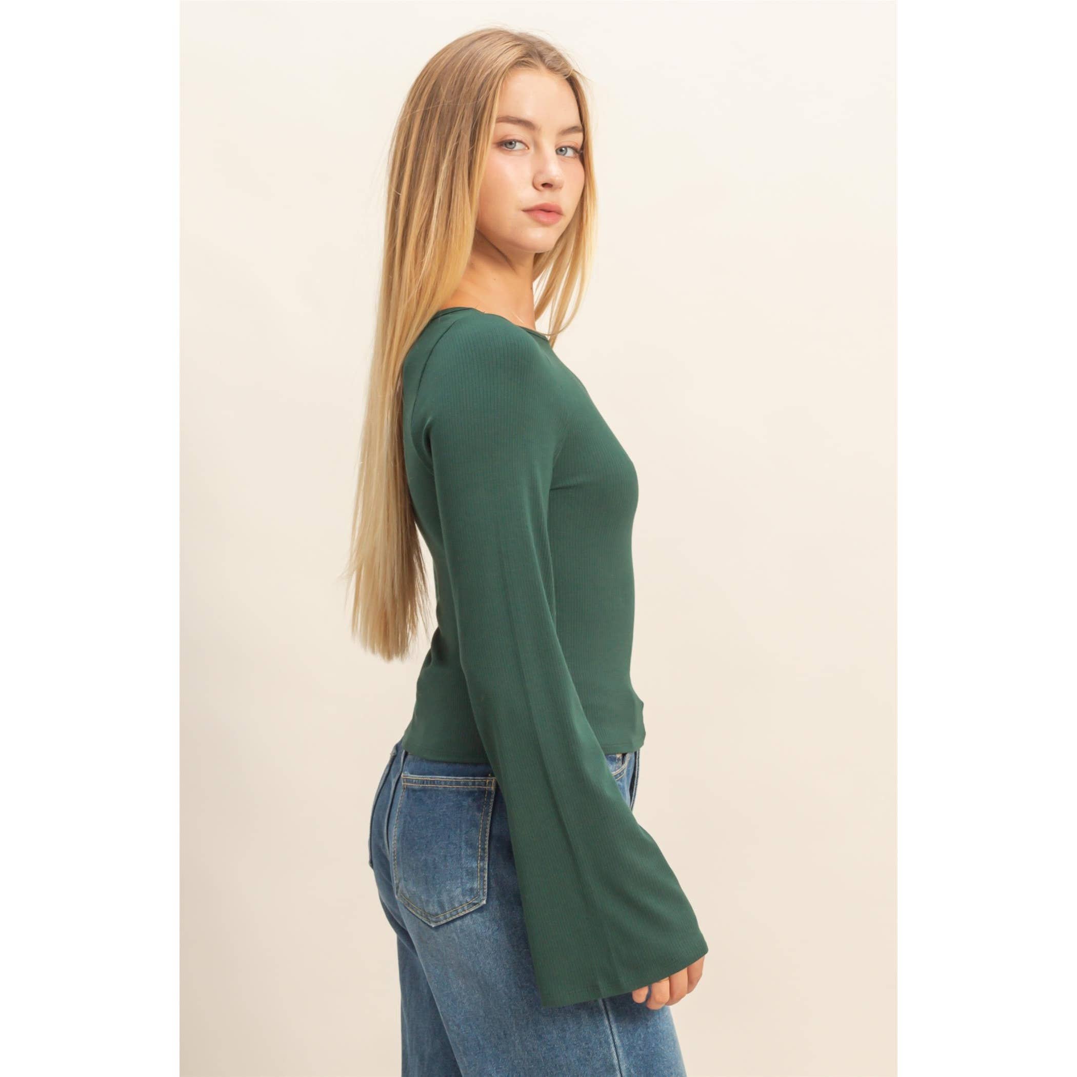 Dark Green Ribbed Knit Top: