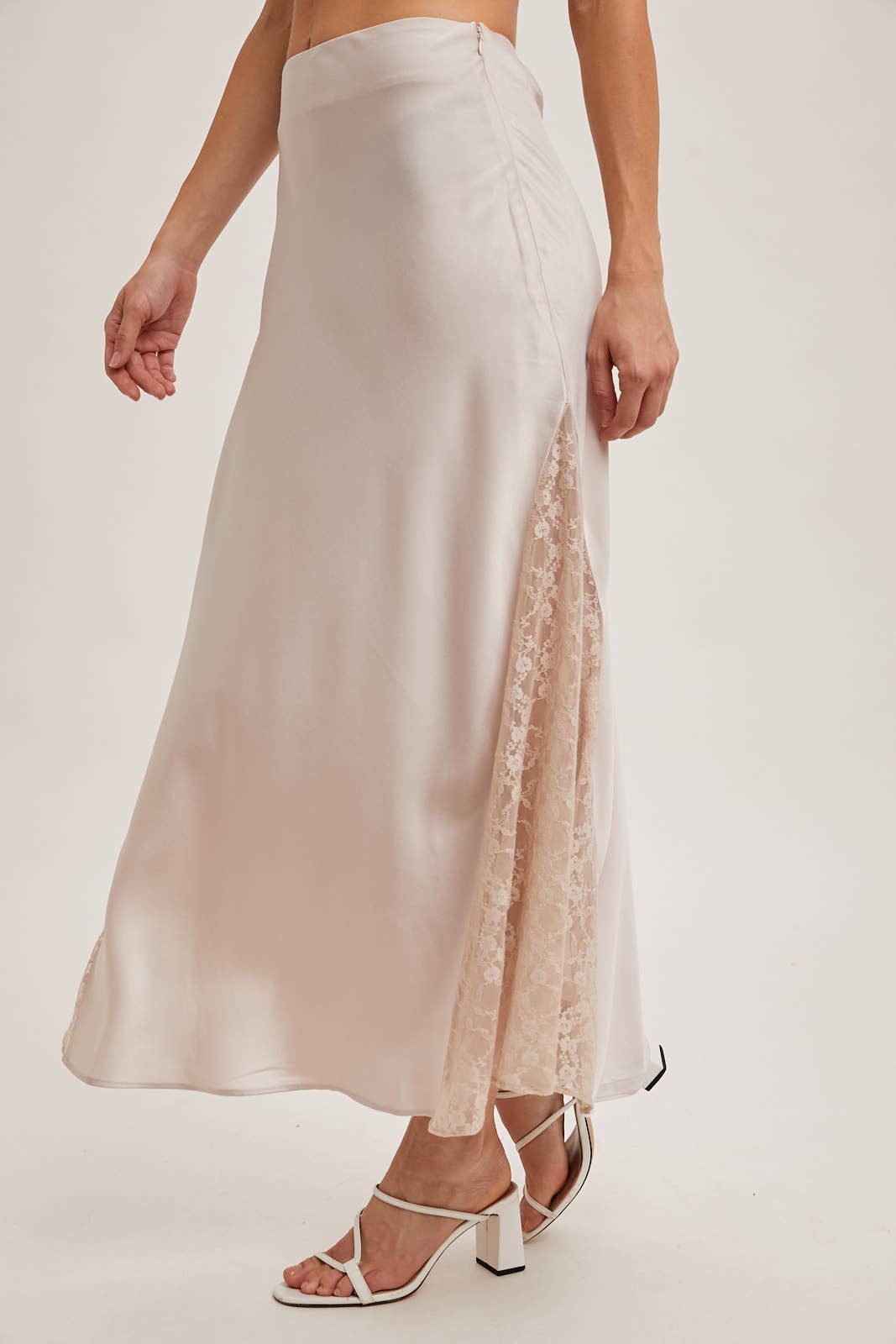 Lace Satin Midi Skirt: Pearl