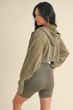 Mineral Wash Crop Hoodie Olive