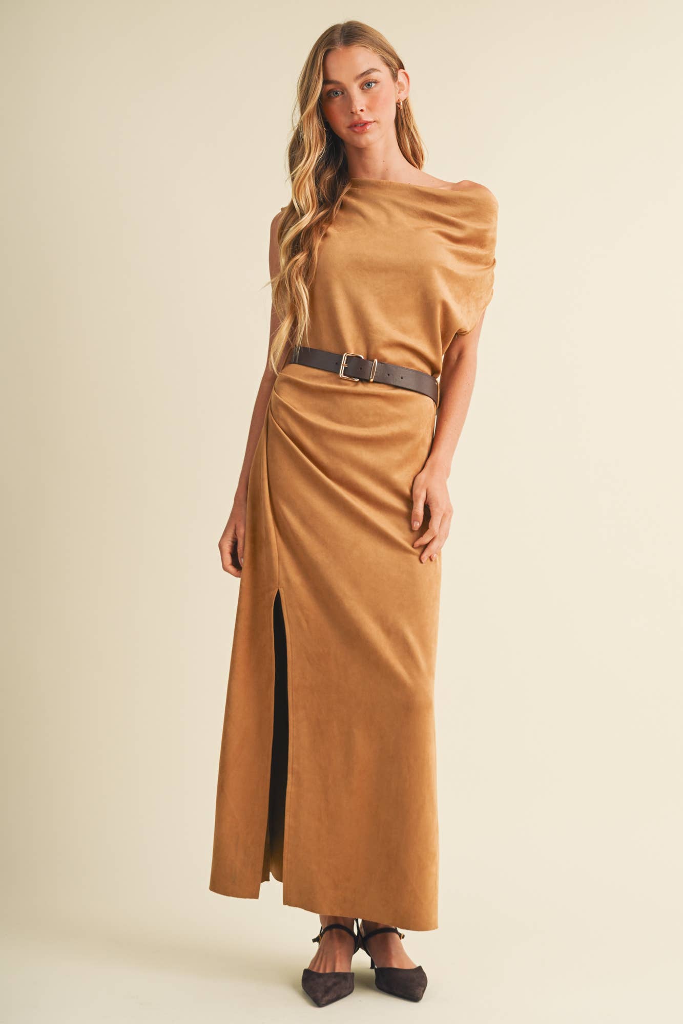Sueded Asymmetric Dress: Camel