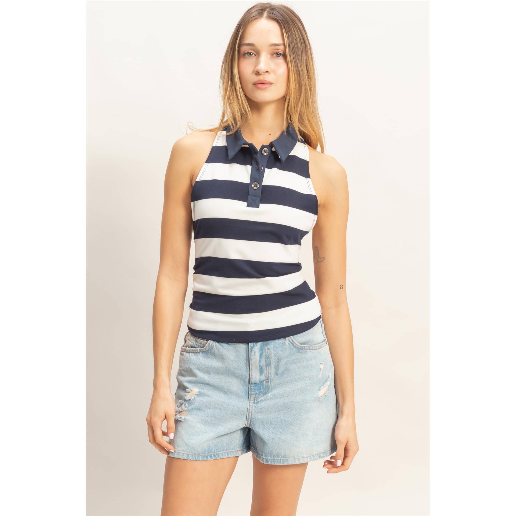 Striped Polo Tank Top: Navy