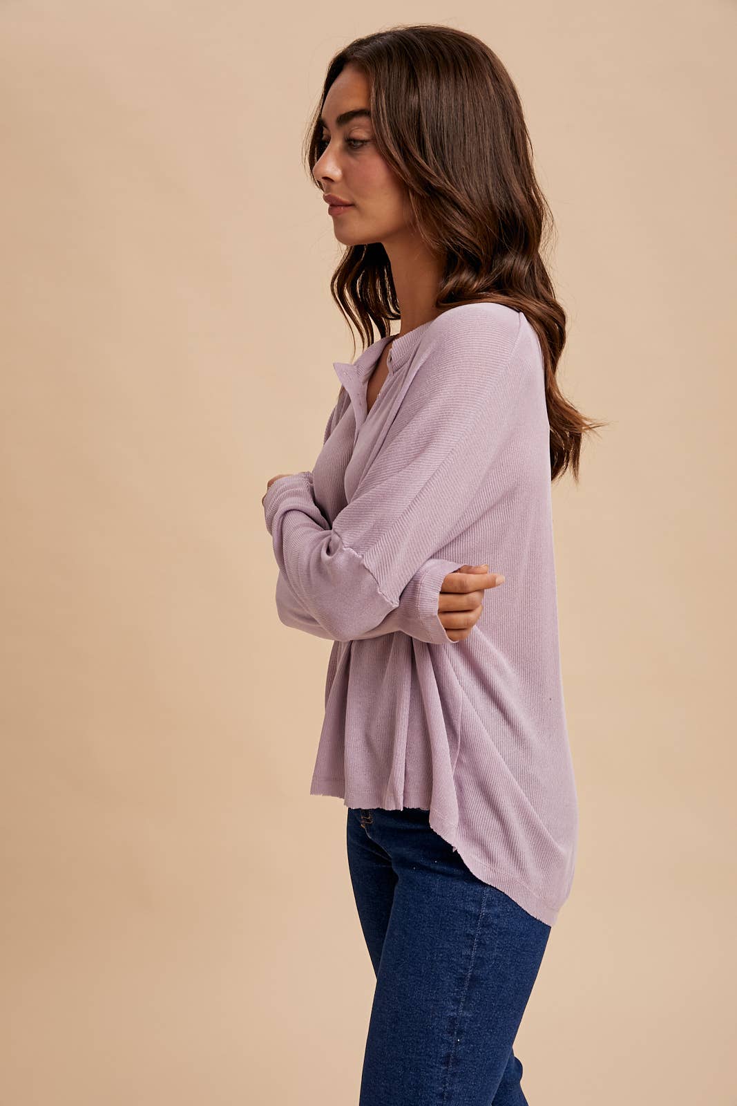 Raw Edge Henley Top: Dusty Lilac