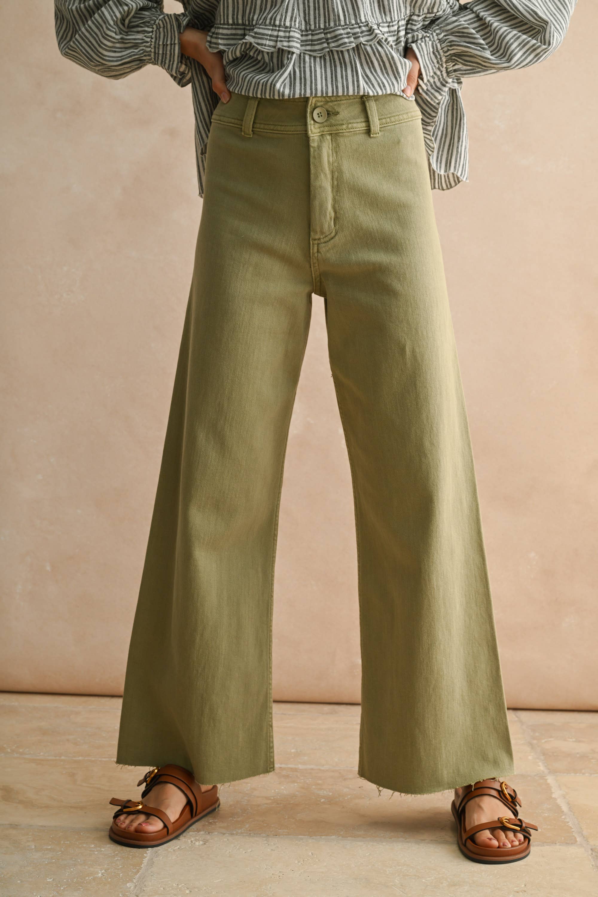 Wide Leg Denim Pants: Dusty Sage