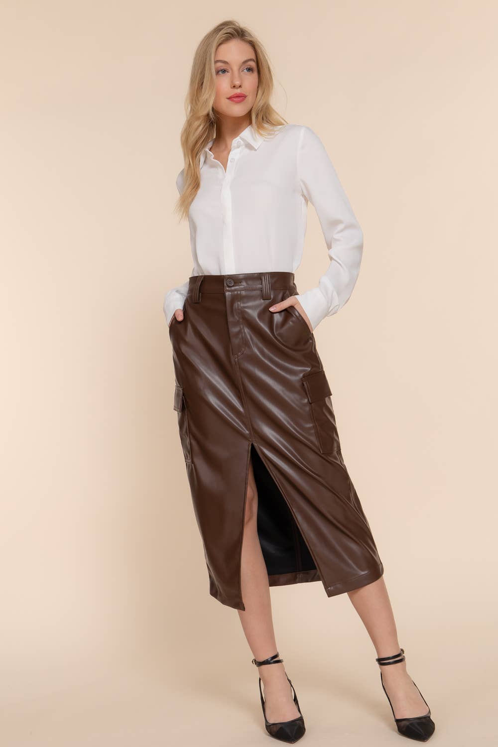 Faux Leather Cargo Skirt: Warm Brown